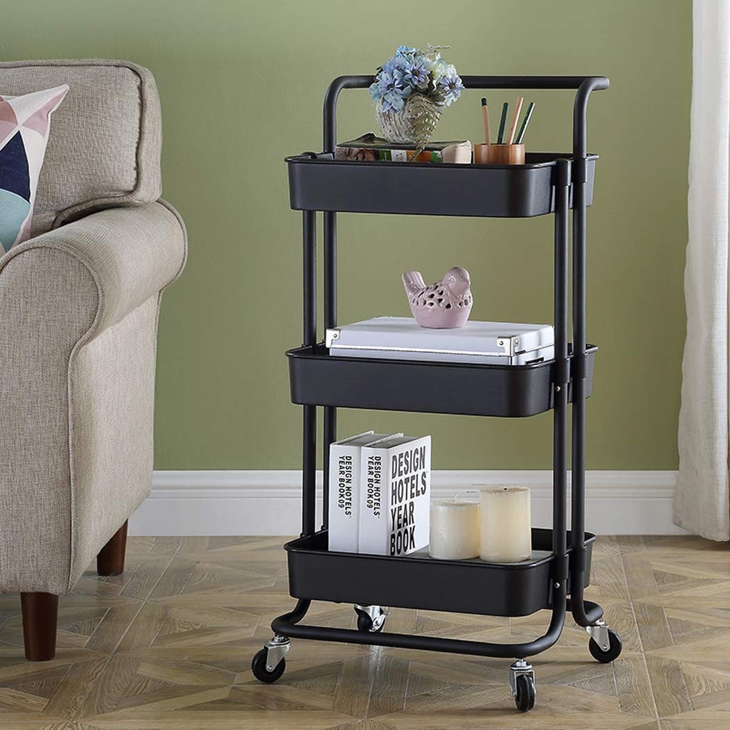 3-Tier Rolling Utility Cart with Handles - ABS Resin Storage Cart for Kitchen, Bathroom & Art Supplies - Black | Mobile Organizer for Home, Office & Salon Use