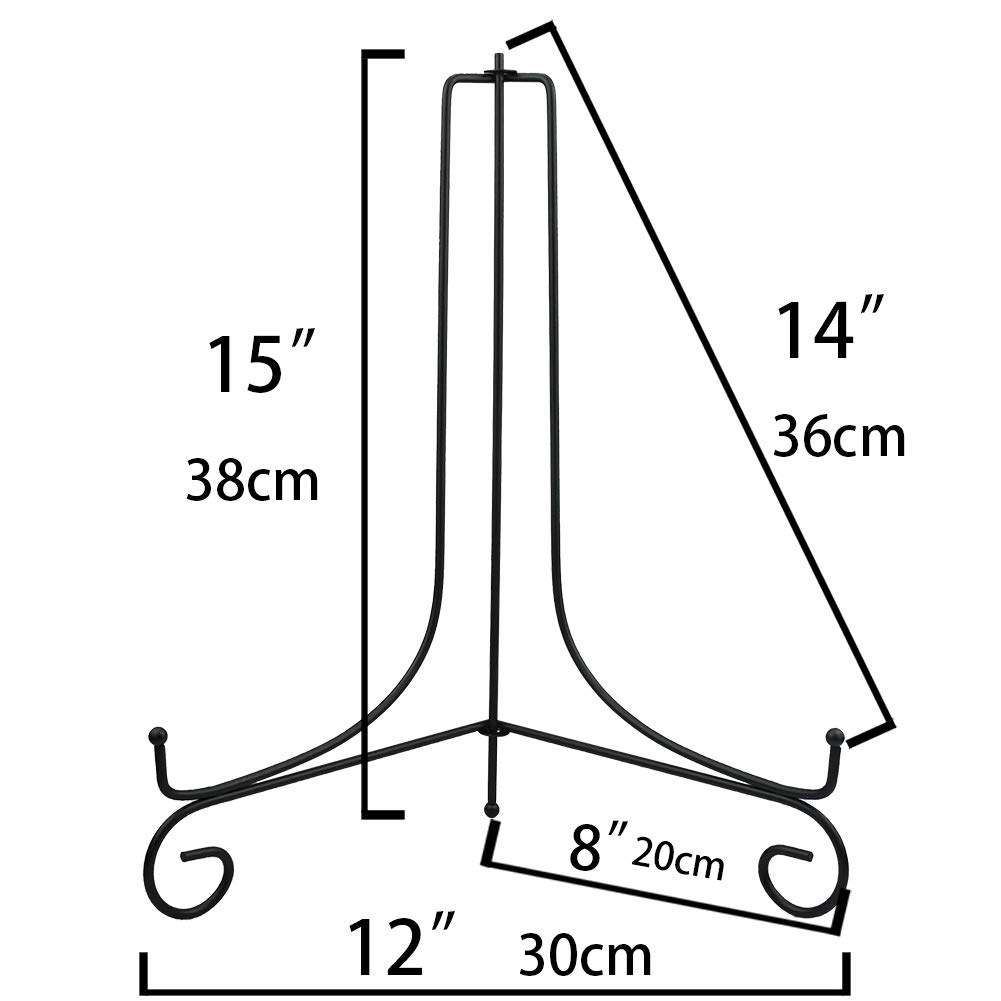 (2 Pack) 15 Inch Large Black Iron Easel Stand - Heavy Duty Plate Display Holder for Picture Frames, Decorative Plates, Tablets & Artwork | Perfect for Home Decor, Gallery Exhibits and Retail Displays