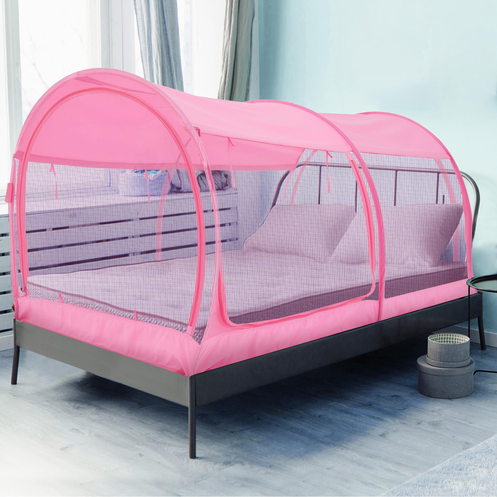 Alvantor Full Size Mosquito Net Bed Canopy - Breathable Pop Up Bed Tent for Indoor Privacy & Protection, Portable Dream Tent with Frame - Perfect for Cottage, Dorm Room or Camping (Mattress Not Included) - Pink