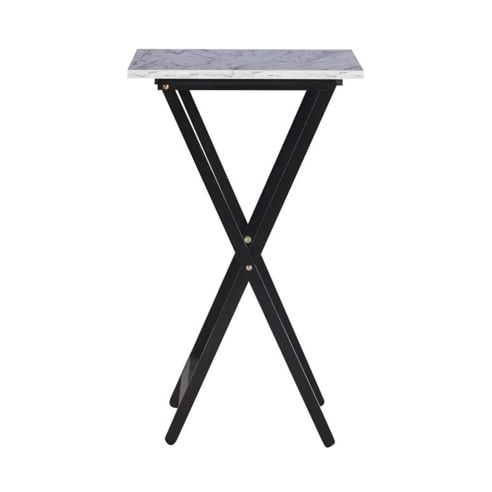 5-Piece Faux Marble & Wood Folding Tray Table Set with X-Legs & Storage Stand - White & Black Finish - Perfect for Living Room, Bedroom & Small Space Decor
