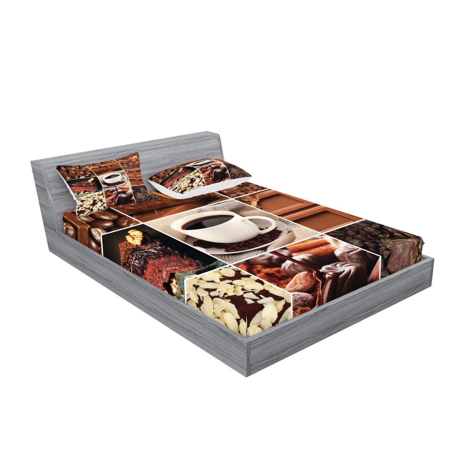 Ambesonne Brown Fitted Sheet & Pillow Sham Set - Coffee & Chocolate Themed Printed 3-Piece King Size Bedding Set | Perfect for Cozy Bedroom Decor & Coffee Lover Gifts