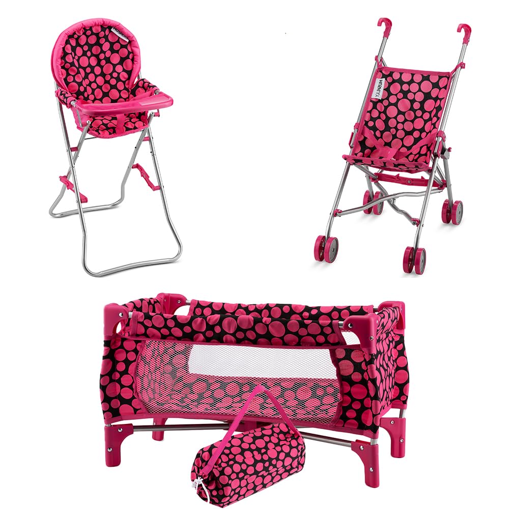 Premium Baby Doll Accessories Gift Set - Stroller, Bed, High Chair & Crib | Complete Doll Furniture Collection for Toddlers & Kids | Perfect for Role Play, Pretend Play & Gift Giving
