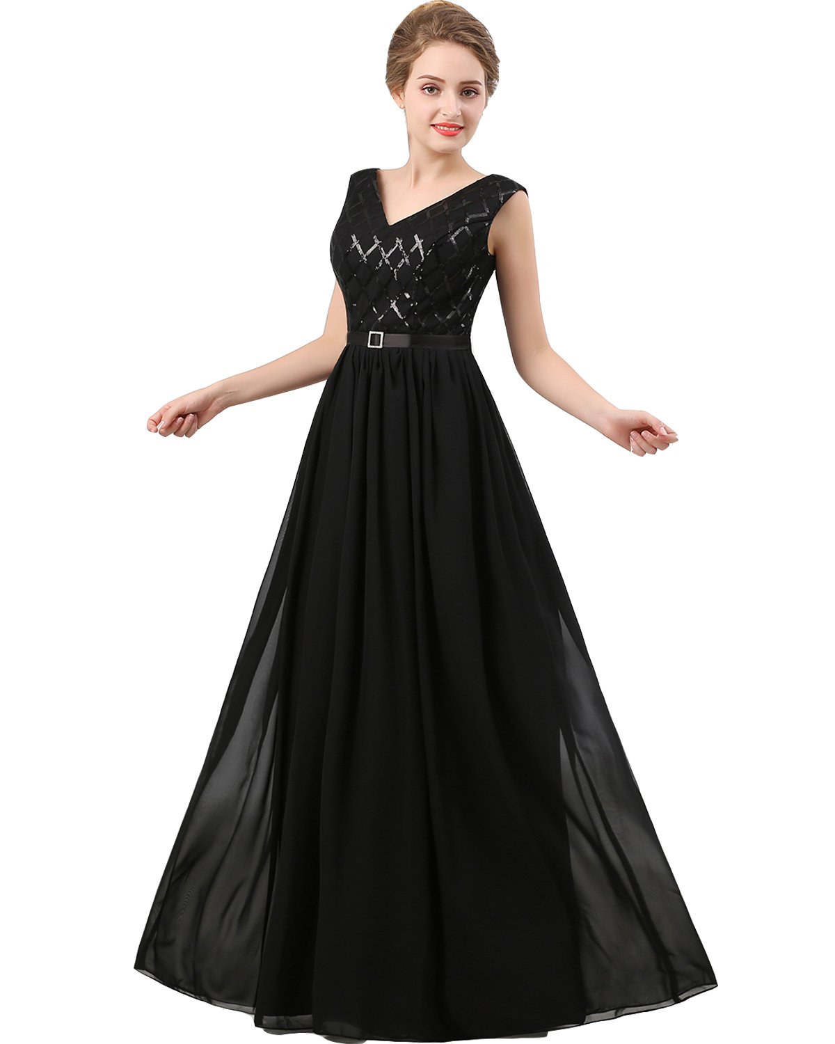 Lemai V-Neck Long Sequined Chiffon A-Line Corset Prom Evening Dress for Women - Elegant Formal Gown for Homecoming, Wedding Guest, Cocktail Party & Special Occasions