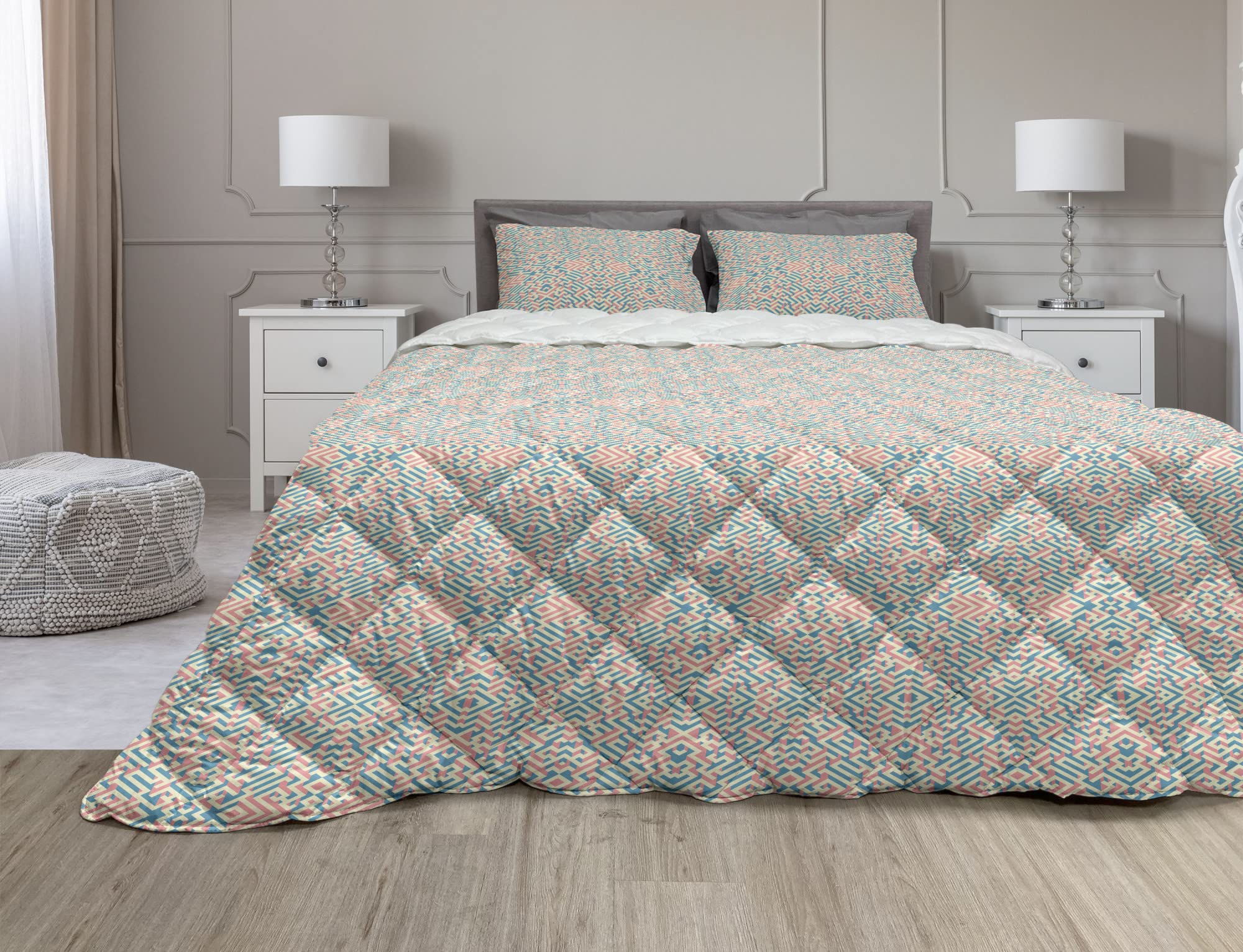 Ambesonne Abstract Comforter Set - Geometric Maze Design Microfiber Duvet Cover with Sham, Twin Size in Pastel Pink & Yellow | Perfect for Modern Bedrooms, Guest Rooms & Dorm Decor