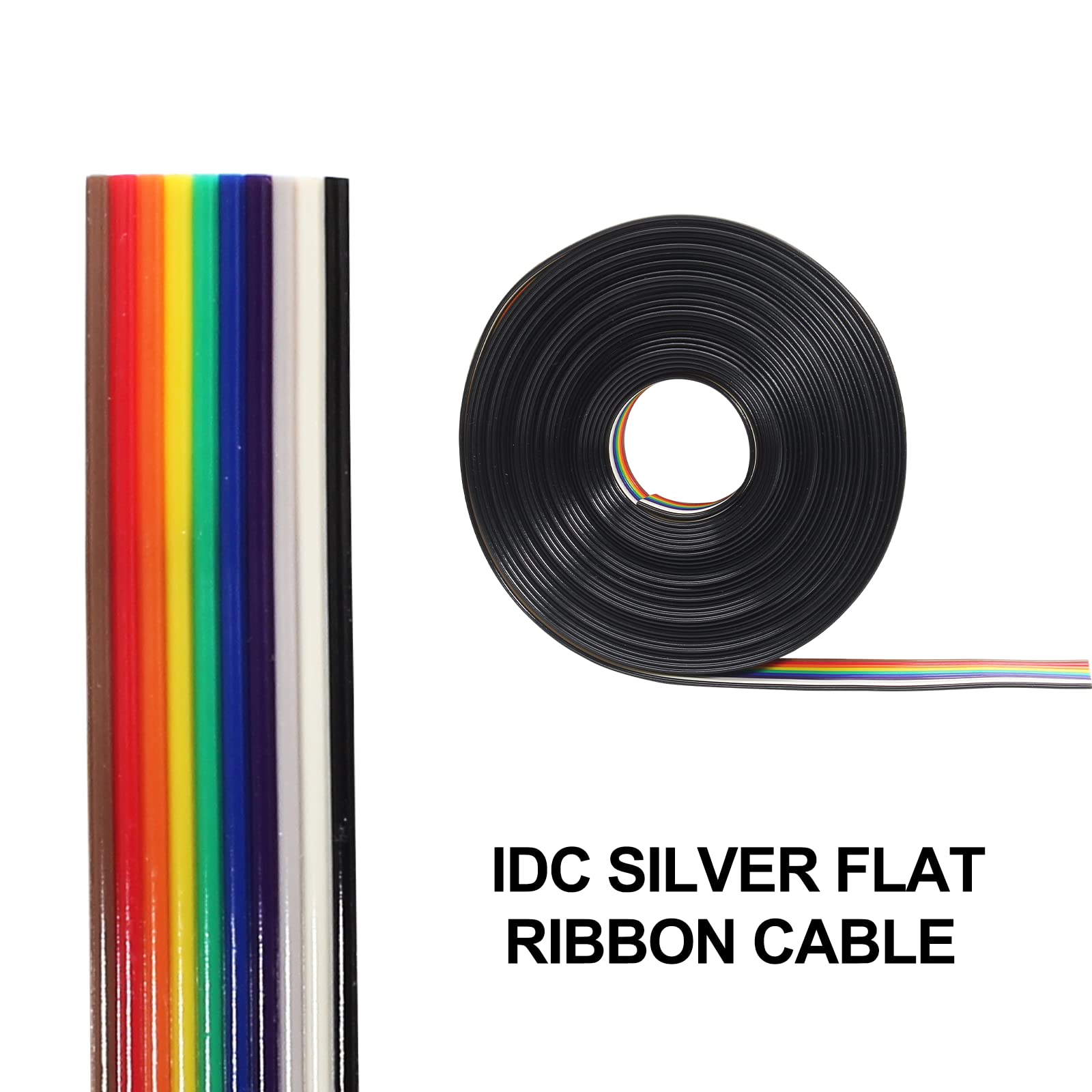 Rainbow Color IDC Ribbon Cable 10-Wire 16ft/5m - 2.54mm Pitch Connectors for Computer Electronics, DIY Projects & Home Appliances Wiring