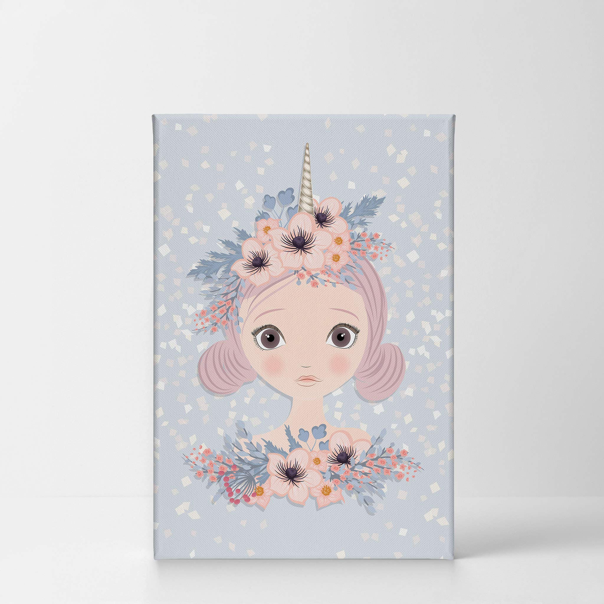 Unicorn Girl & Flowers Canvas Wall Art - Blue Nursery Decor, Kids Room Decor, Baby Room Decor - Ready to Hang 28x19 Inch - Made in USA | Perfect for Girls' Bedroom, Playroom & Gift Ideas