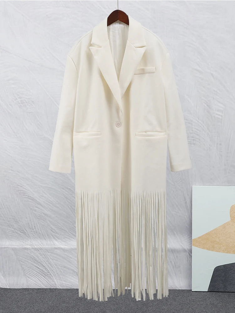 2023 Women's Autumn Wool Blend Tassel Coat with Lapel, Full Sleeves & Pockets - Fashionable Streetwear Overcoat for Fall Outfits & Casual Wear