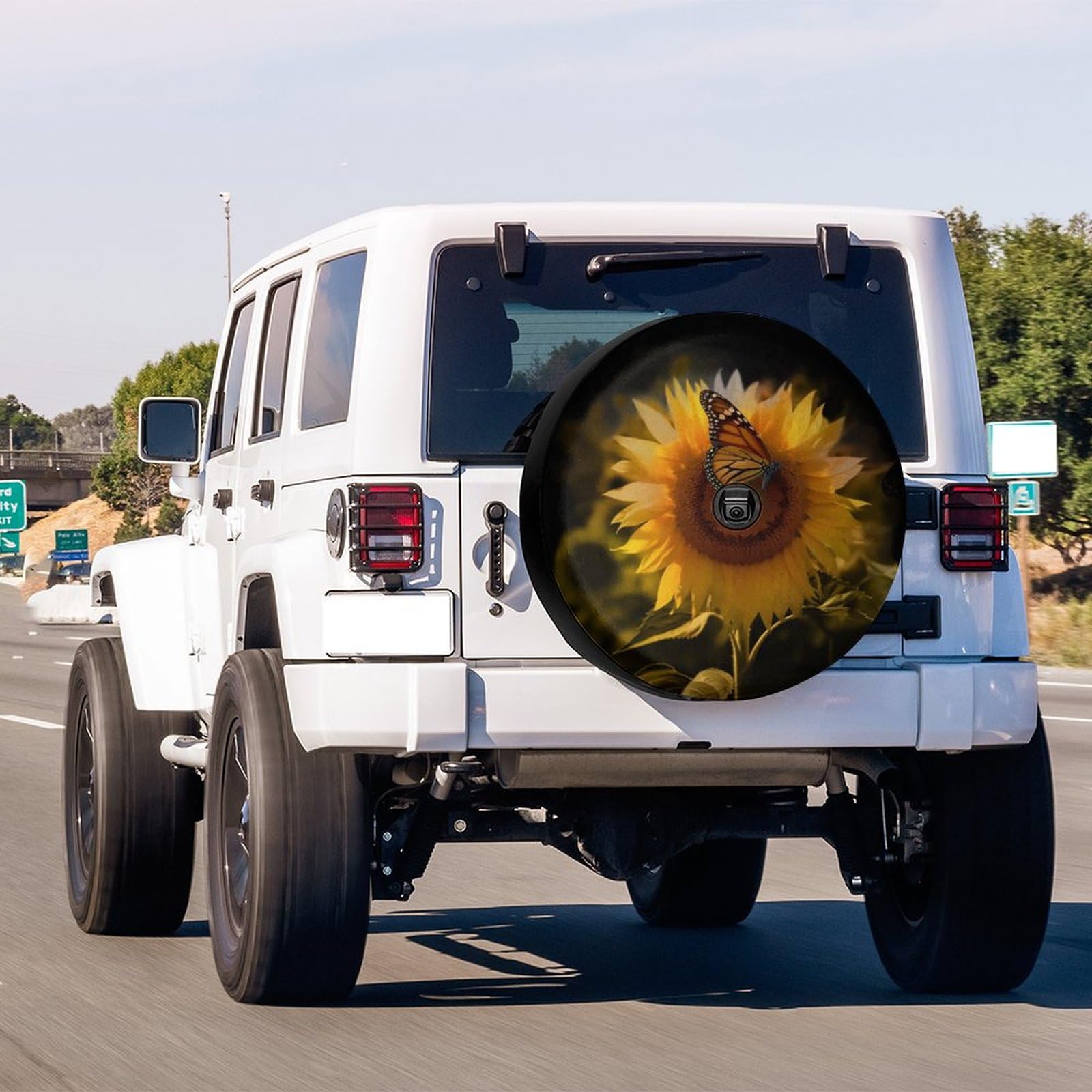 Foruidea Butterfly & Sunflower Spare Tire Cover - 'She is Sunshine' Design with Backup Camera Hole | Fits 16