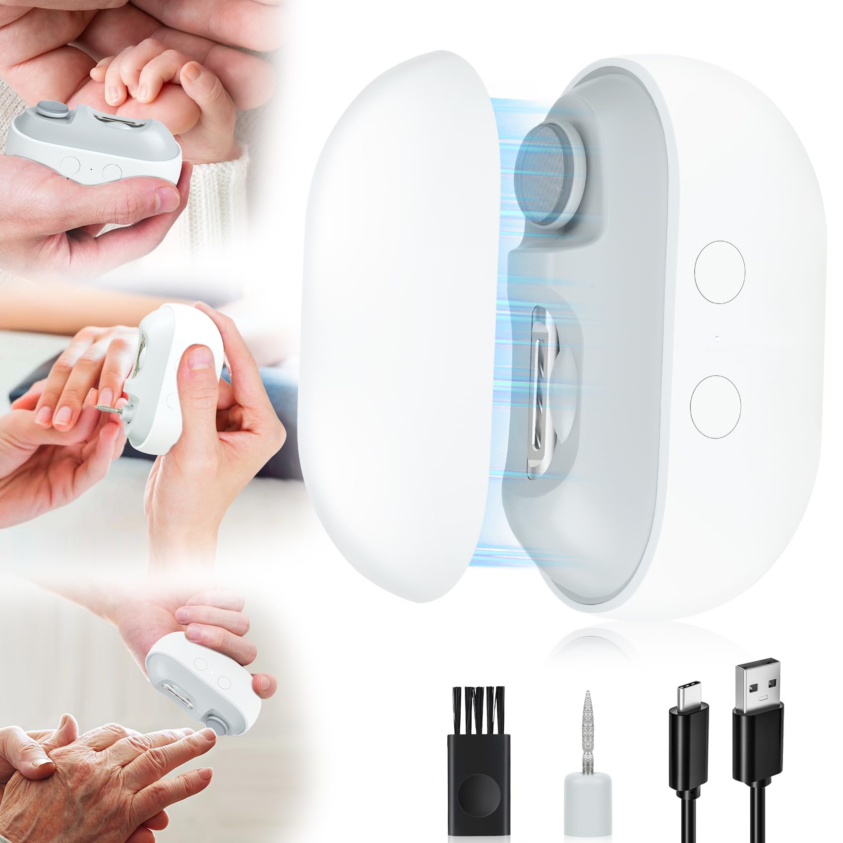 3-in-1 Electric Nail Clipper & Trimmer with LED Light - USB Rechargeable Nail File & Polisher for Baby, Kids, Adults & Seniors - Portable Nail Care Kit for Travel, Home & Salon Use (Frosted White)
