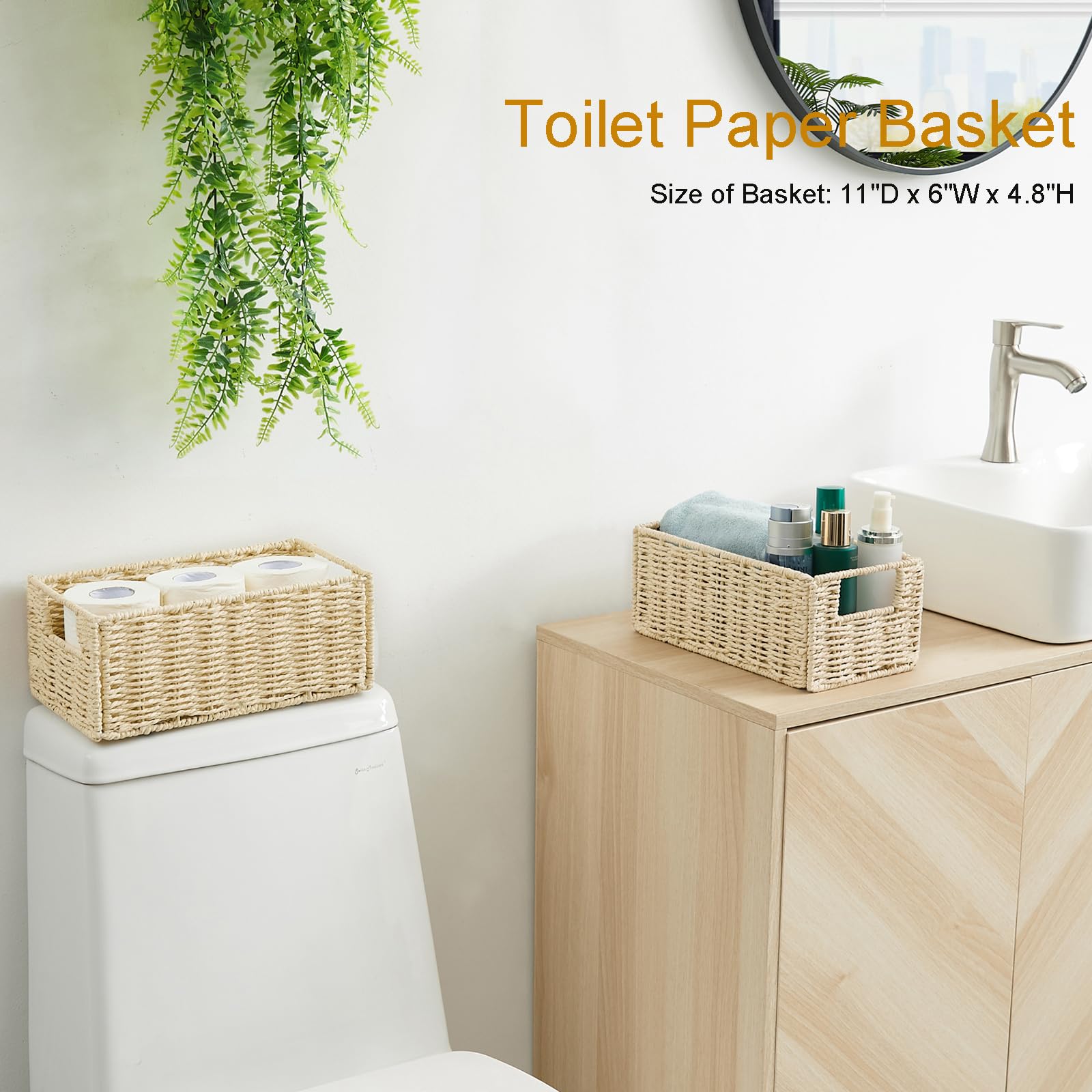Vagusicc Wicker Storage Basket Set of 2 - Handwoven Paper Rope Organizing Bins for Bathroom, Living Room & Bedroom - Foldable Cube Shelves Storage for Toilet Paper, Blankets & Toys (Beige) | Home Organization & Decorative Storage Solutions