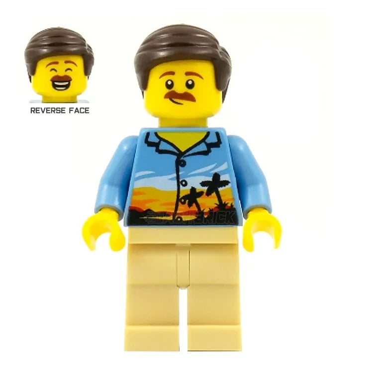 LEGO Minifigure - Male Parent with Palm Tree Shirt, Mustache & Dark Brown Smooth Hair | Perfect for Family Scenes, Beach Themed Displays & LEGO City Building Sets