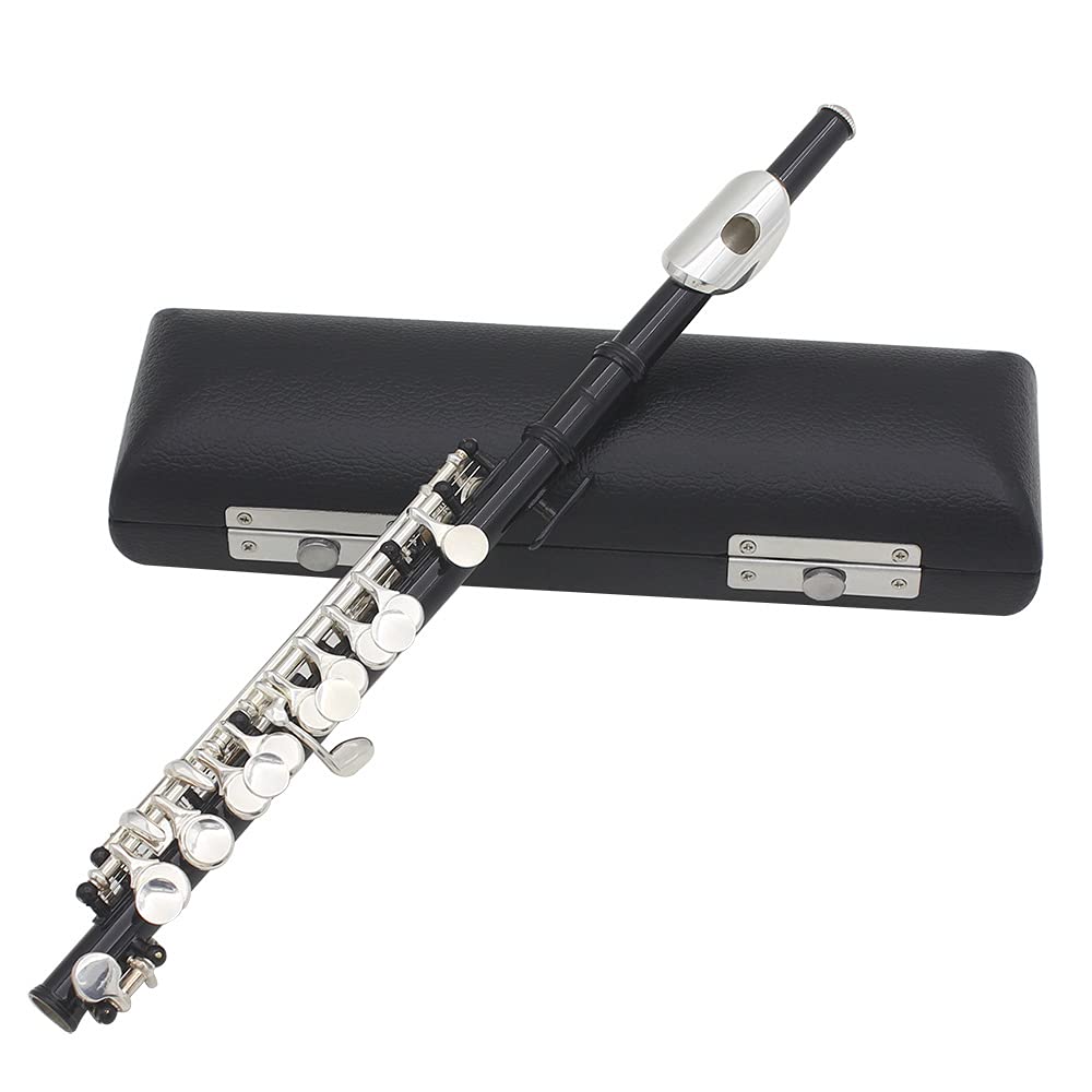 Professional 16-Hole C Key Metal Piccolo Flute Set with Cleaning Cloth, Screwdriver & Bar - Perfect for Beginner Students & Band Performances (Black) - Ideal for School Bands, Marching Ensembles & Solo Practice