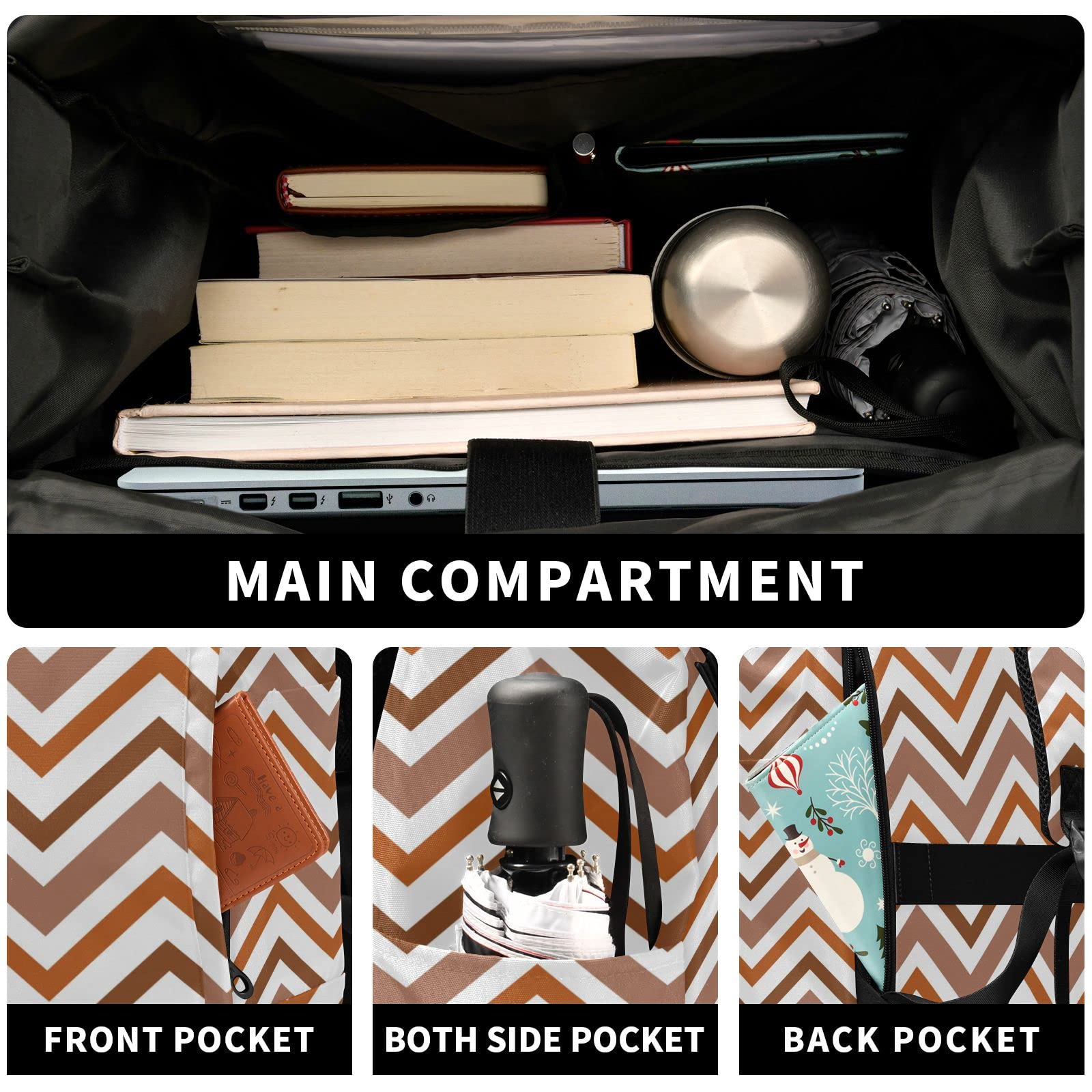 Acpiggto Roll Top Backpack - Brown Zigzag Striped Geometric Design, Classic Travel Daypack with Padded Shoulder Straps (Large & Medium Sizes) - Perfect for Hiking, Commuting & College Campus Use