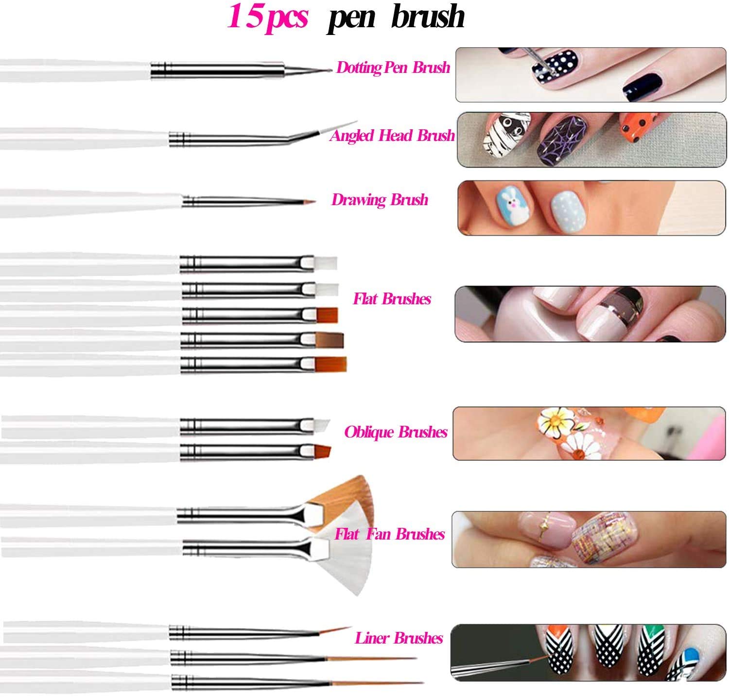 SYGA 15pcs Acrylic Nail Art Brush Set - Professional White Nail Polish Painting Tools for Acrylic & Gel Nail Designs - Perfect for DIY Manicure, Salon & Nail Art Enthusiasts