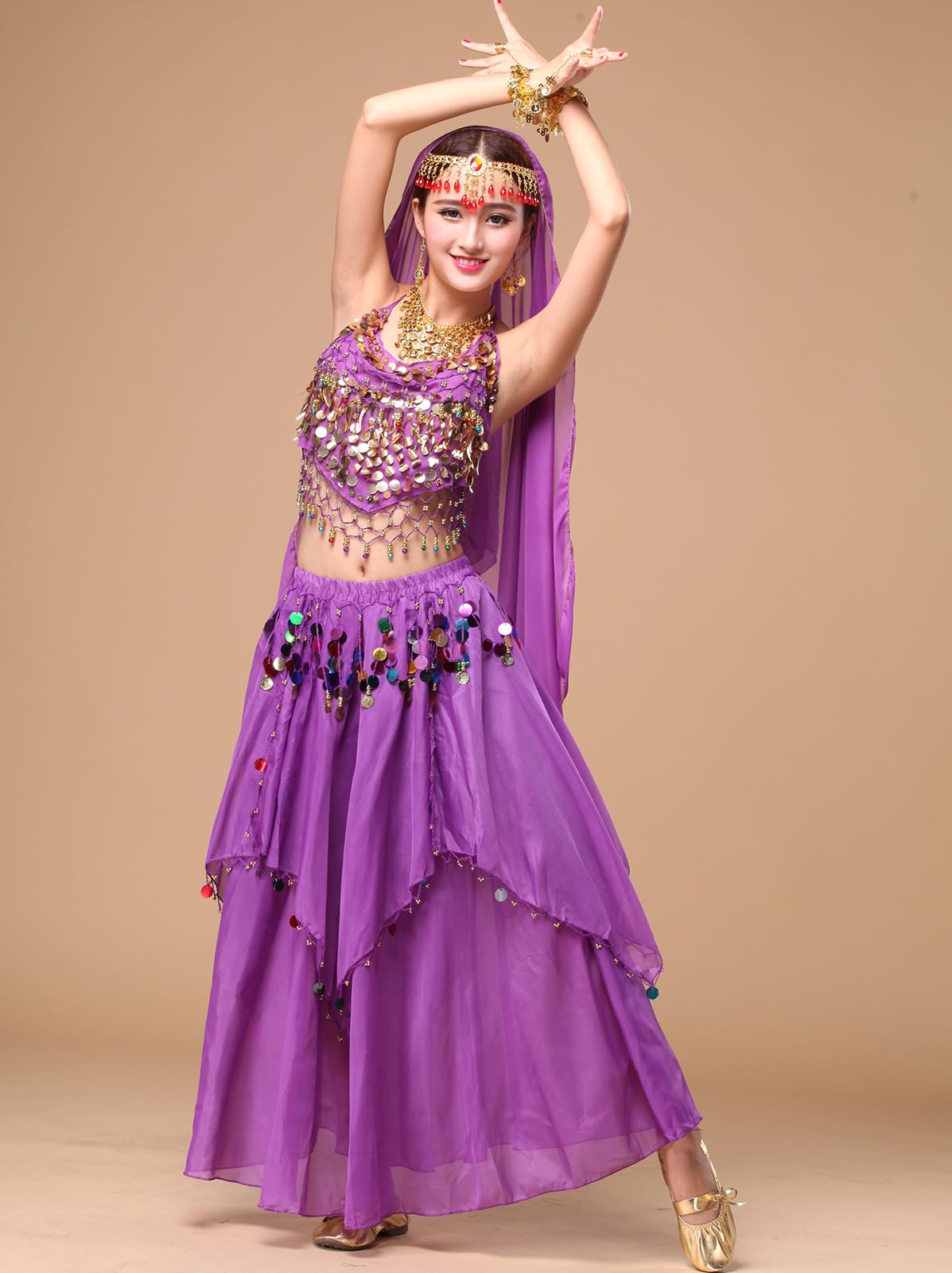 Women's Belly Dance Costume - Sequin Crop Top & Chiffon Skirt Set for Halloween, Party, and Performance | Elegant & Comfortable Outfit for Dance Shows, Cosplay, and Festive Events