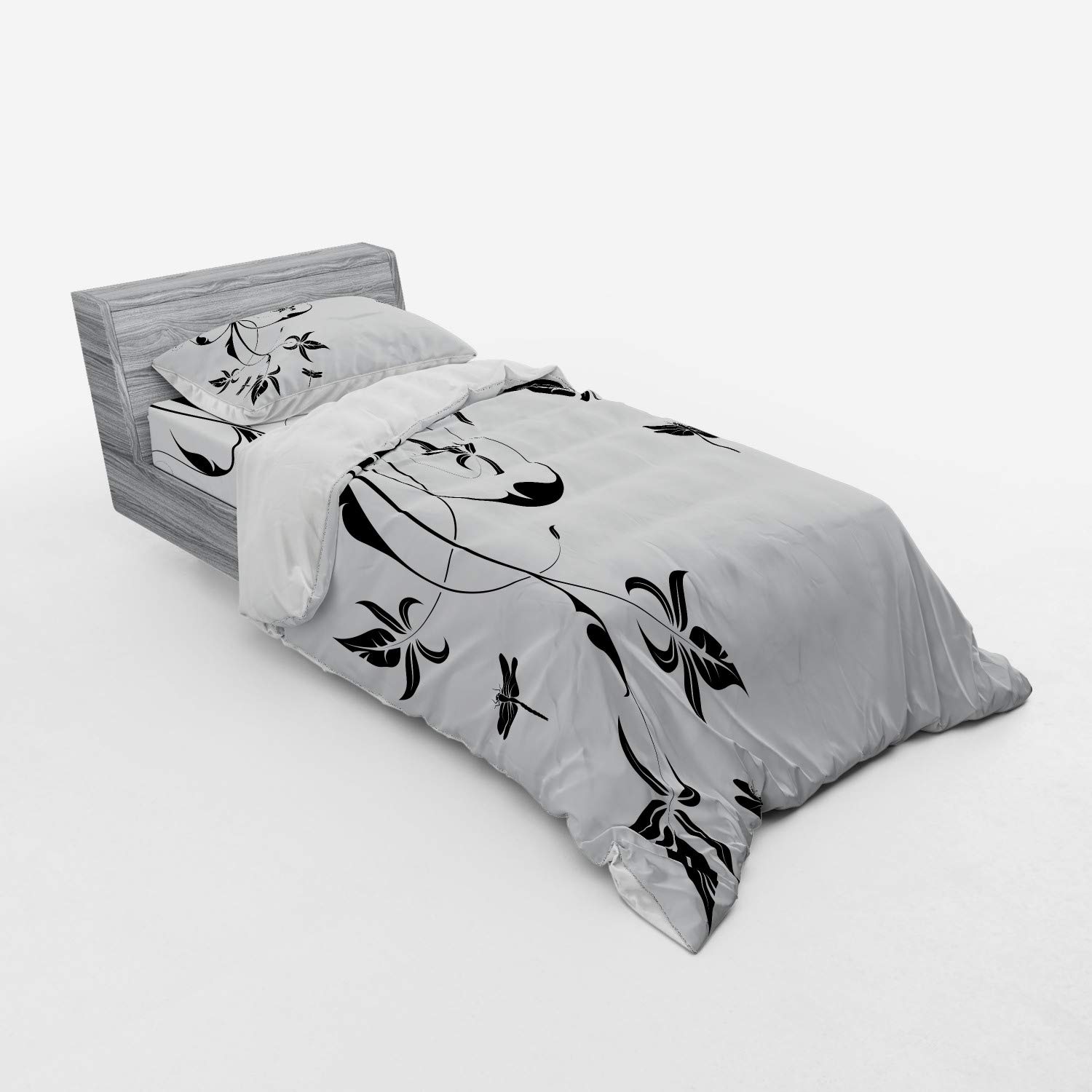 Ambesonne Dragonfly Duvet Cover Set - Twin XL Size, 3 Piece Bedding with Sham & Fitted Sheet, Swirled Floral & Damask Curl Branches Print in Pale Grey Black White - Perfect for Bohemian Bedroom Decor, Guest Room Makeover, or Nature-Inspired Home Styling