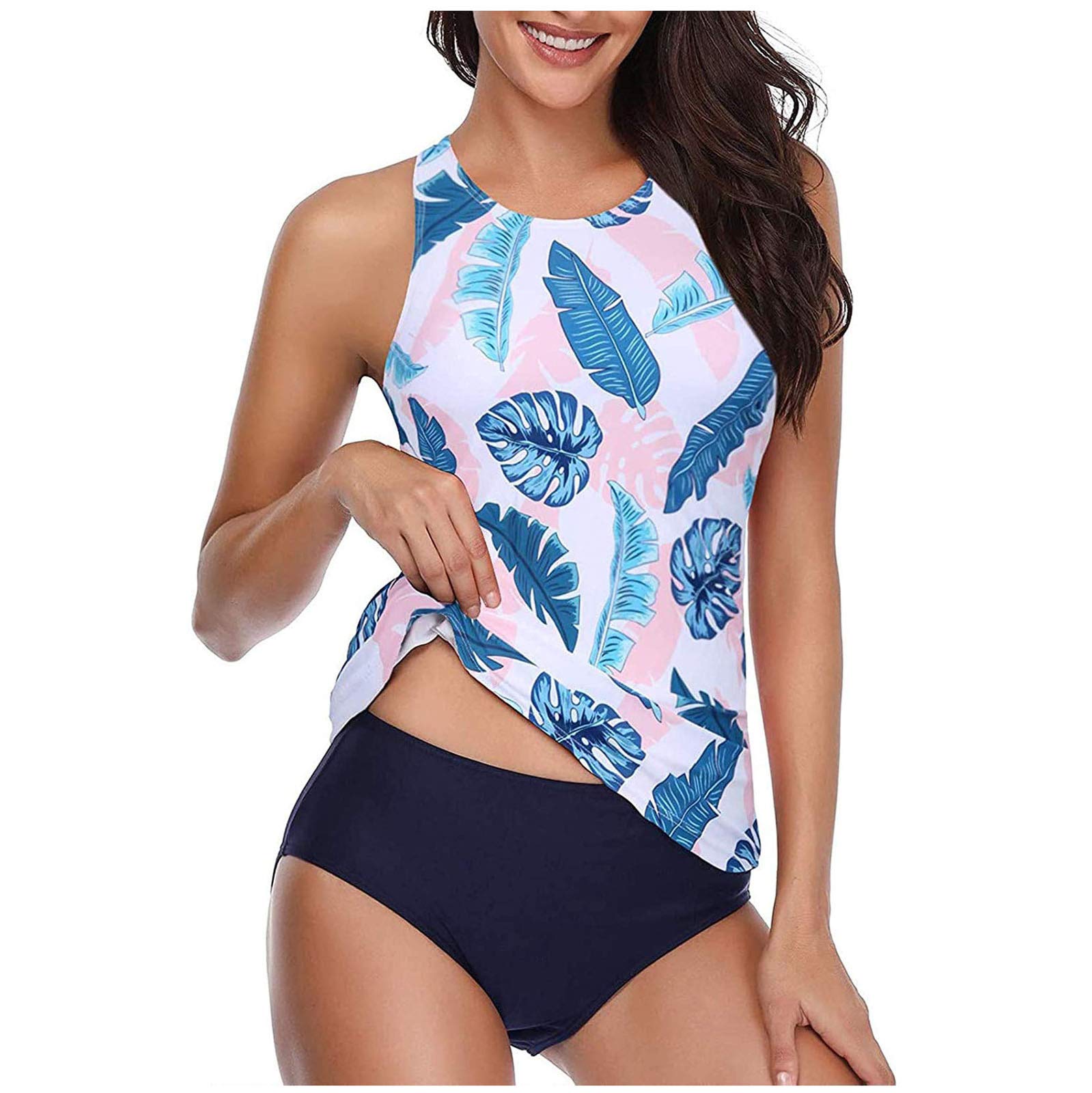 Women's High Neck Tankini Two Piece Swimsuits - Modest Leaf Print Bikini Set with Loose Fit for Beach, Pool & Summer Vacation
