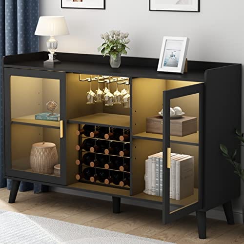 Auromie Wine Bar Cabinet with LED Lights - Freestanding Kitchen Buffet Sideboard with Wine Rack & Glass Storage - Modern Home Coffee Bar Cabinet for Living Room, Dining Room - Black (Perfect for Entertaining & Home Decor)