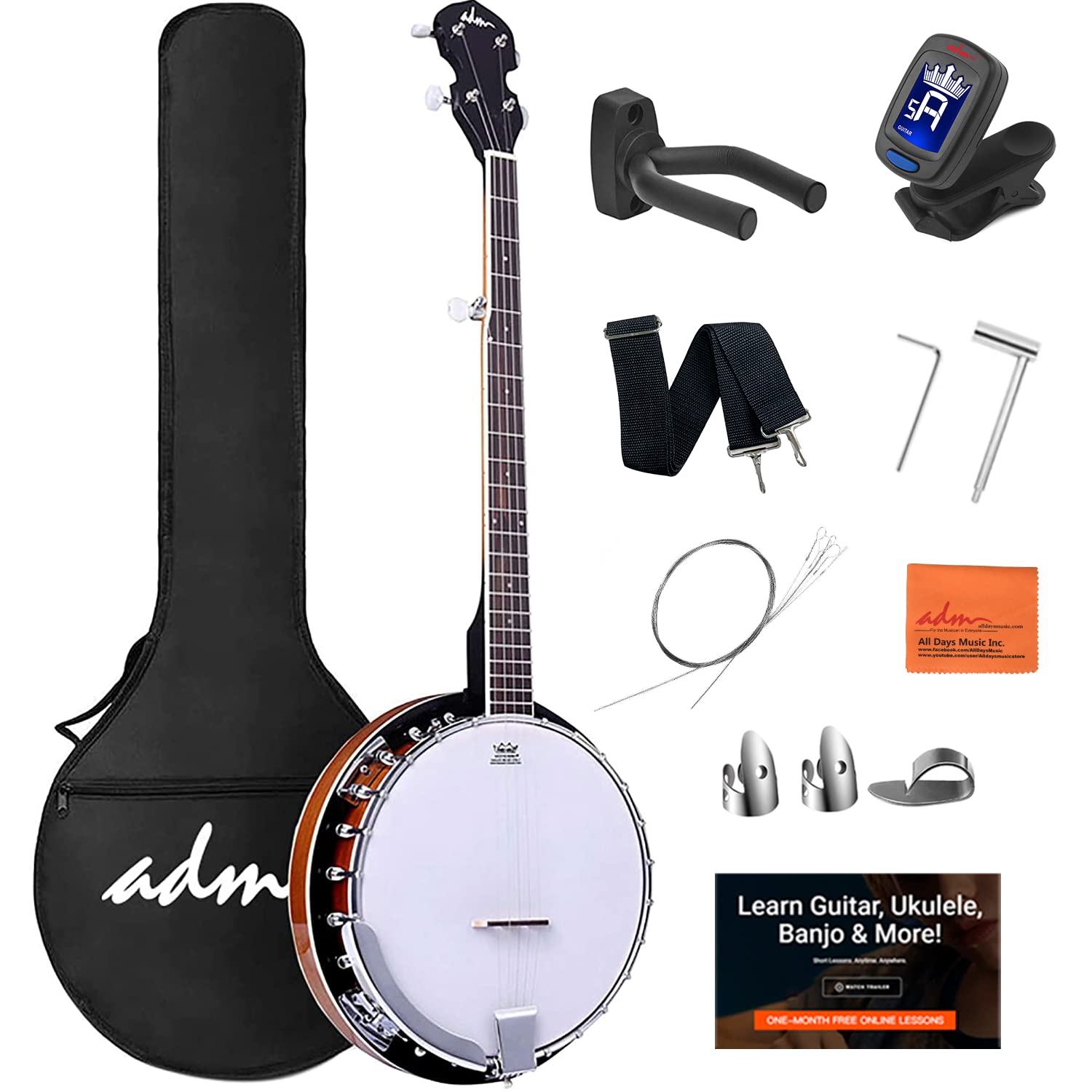 ADM 5-String Full Size Banjo Kit with Remo Drum Head & Geared 5th Tuner - 24-Bracket Beginner Banjo Set with Free Lessons & Starter Accessories for Adults & Teens - Perfect for Bluegrass, Folk Music & Country Performances