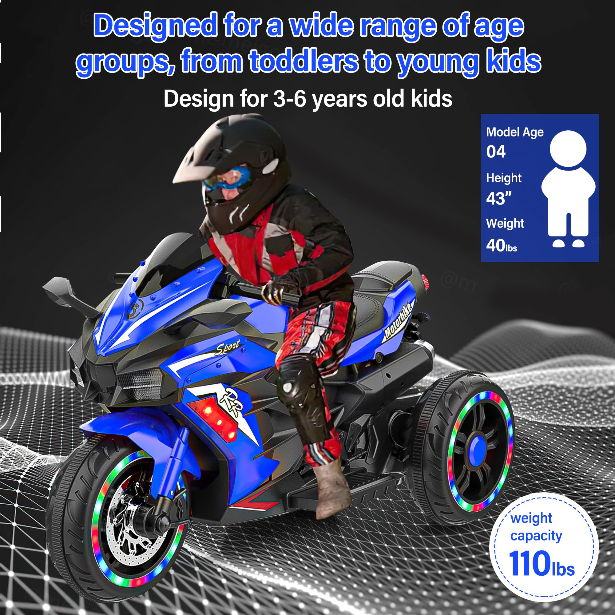 12V Kids Electric Ride On Motorcycle - 3-Wheel Battery Powered Toy Bike for Boys & Girls Ages 3-6 | LED Light-Up Tires, PU Seat & Racing Handlebars | Perfect Birthday Gift for Toddlers | Indoor & Outdoor Play