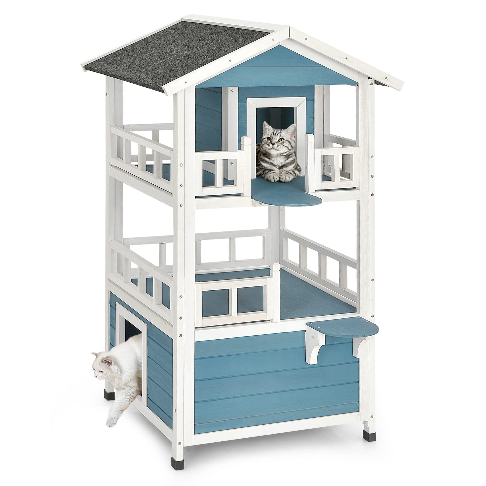 PETSITE 2-Story Outdoor Cat House - Weatherproof Wooden Shelter for Multiple Feral Cats - Perfect for Backyard, Garden & Winter Protection