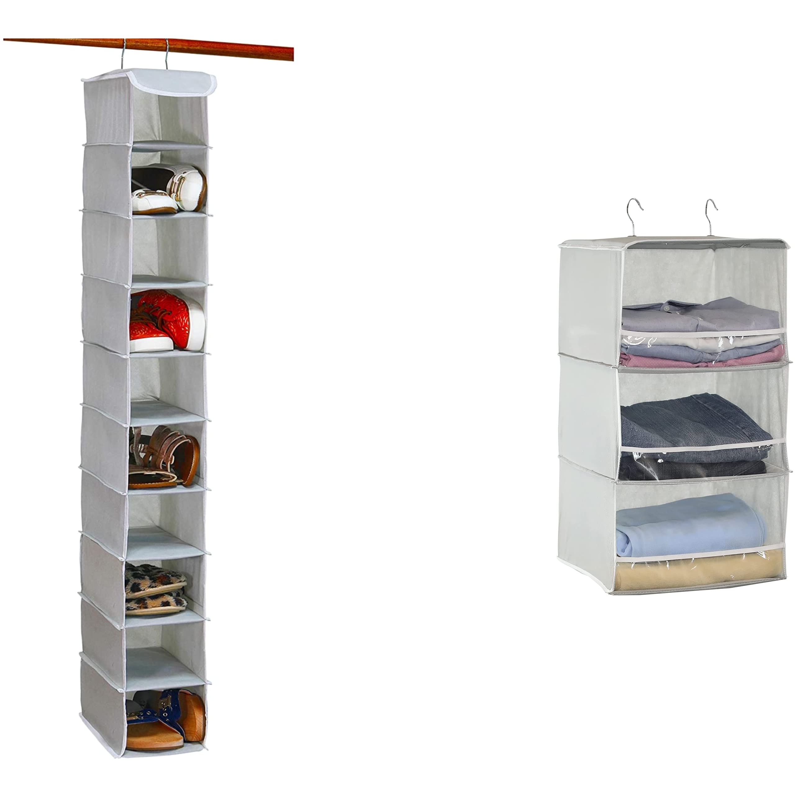 Simple Houseware 10-Tier Hanging Shoe Organizer & 3-Tier Closet Organizer - Space Saving Storage for Shoes, Accessories & Clothes - Perfect for Bedroom, Closet & Entryway Organization (Grey)