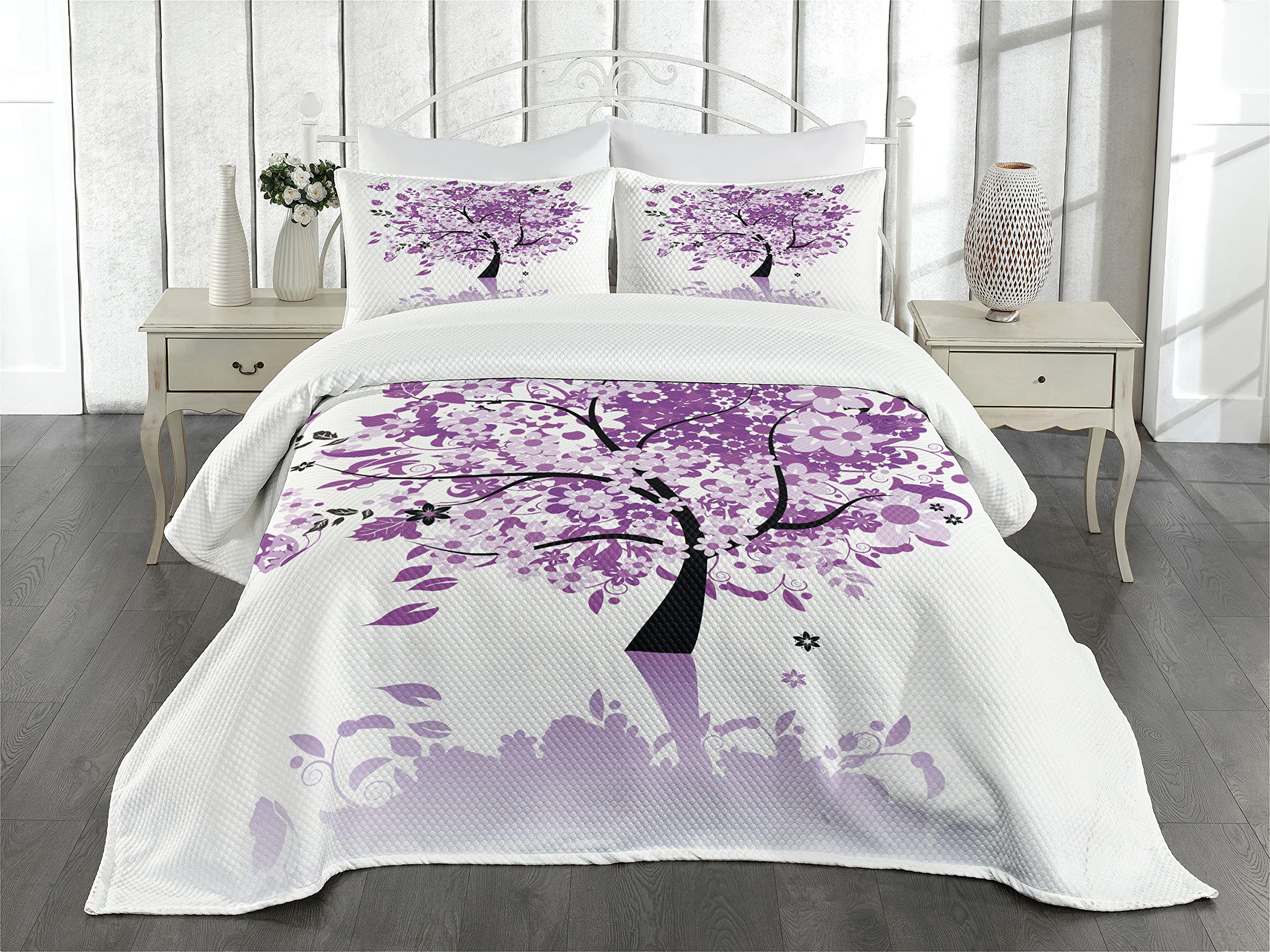 Ambesonne Nature King Size Bedspread Set - 3 Piece Decorative Bedding Coverlet with 2 Pillow Shams, Spring Tree of Life Design with Blooming Flowers & Butterflies in Lilac Purple - Perfect for Master Bedroom, Guest Room or Bohemian Home Decor