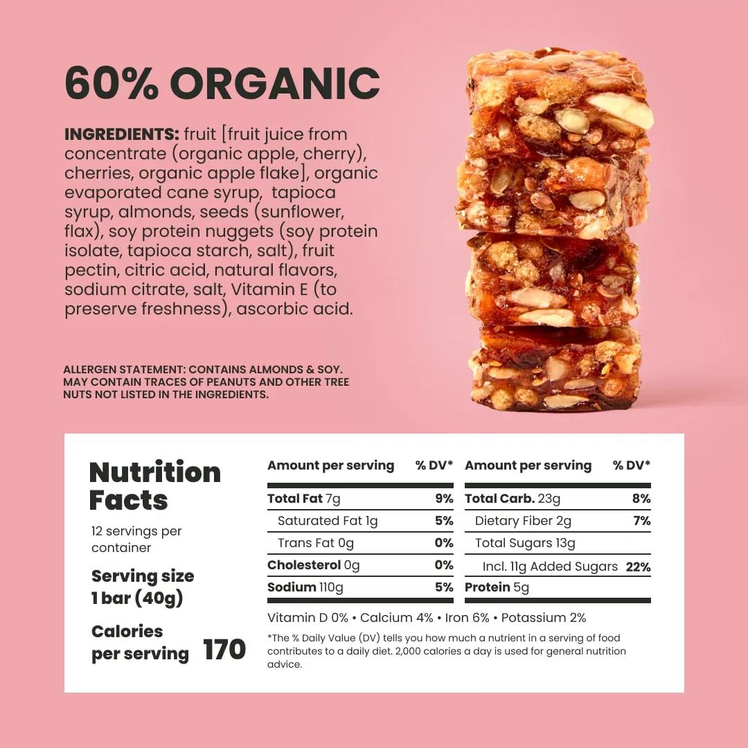 Organic Cherry Almond Fruit & Nut Bars - Non-GMO, Gluten-Free, 1.4oz (Pack of 12) | Healthy Snacks for Hiking, Travel & On-the-Go Energy