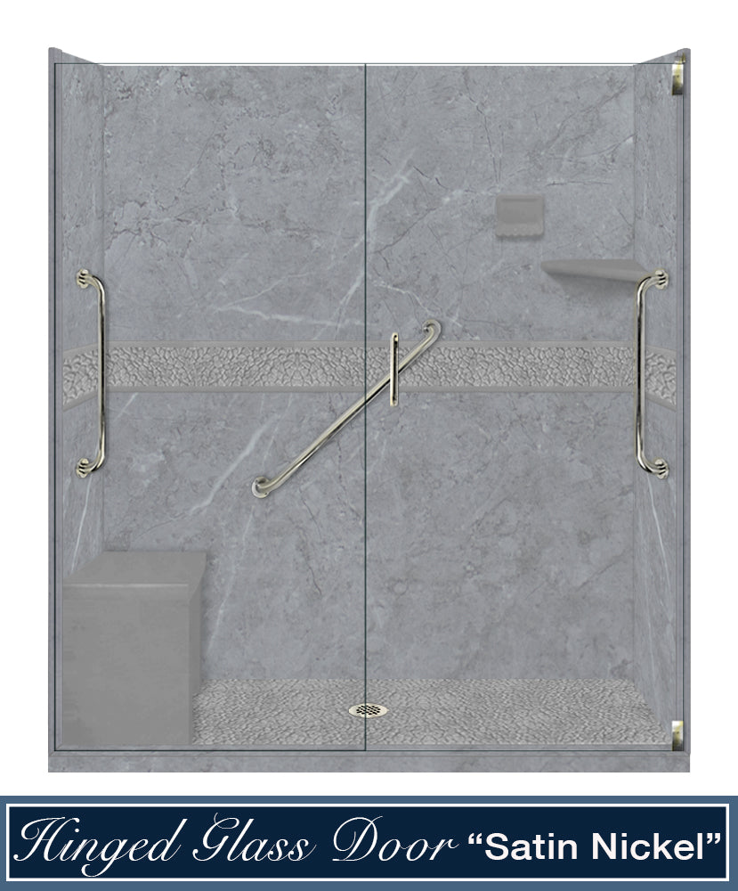 Freedom Grio Marble Pebble Alcove Shower Enclosure Kit - Waterproof Bathroom Shower Panel System with Natural Stone Design for Modern Home & Spa Renovation