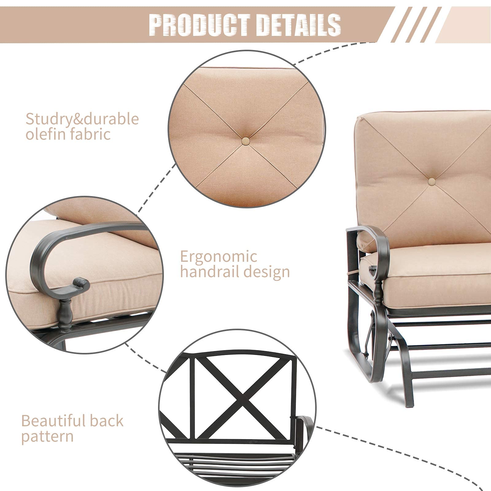 Outdoor Patio Bench Glider Swing - Steel Frame Rocking Loveseat with Thick Cushion (Brown) - Perfect for Porch, Garden, Backyard & Deck Relaxation