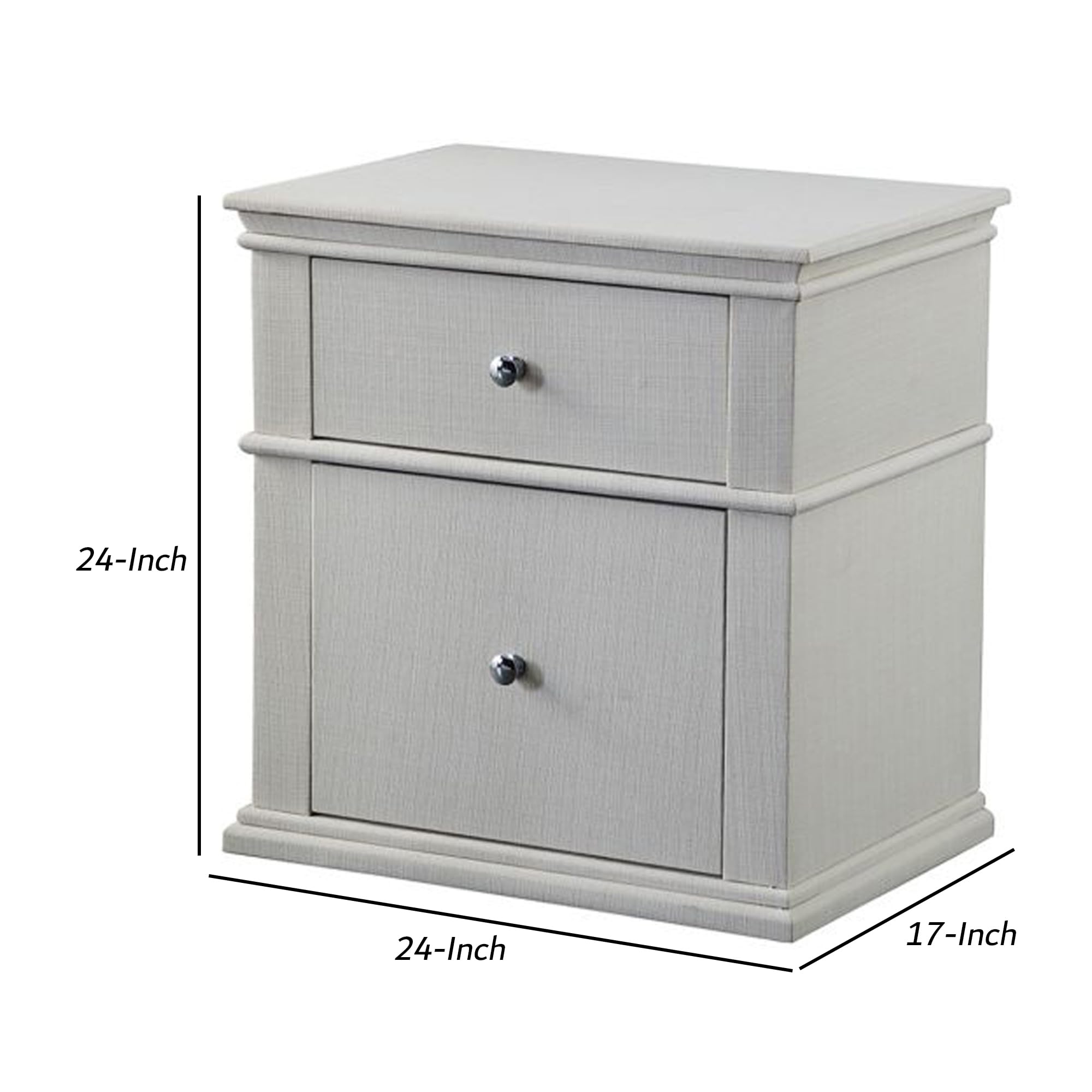 White Wooden Nightstand with 2 Drawers & Fabric Upholstery - Benjara Bedside Table for Bedroom, Living Room, or Nursery Storage