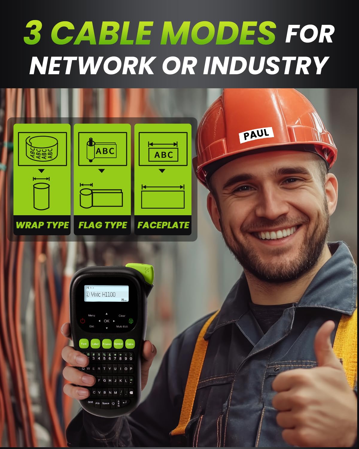 H1100 Portable Label Maker Machine with Backlit Screen & Keyboard - Waterproof Industrial Labeling Device for Cable, Wire, Network Organization - Perfect for Office, Warehouse, and Home Use