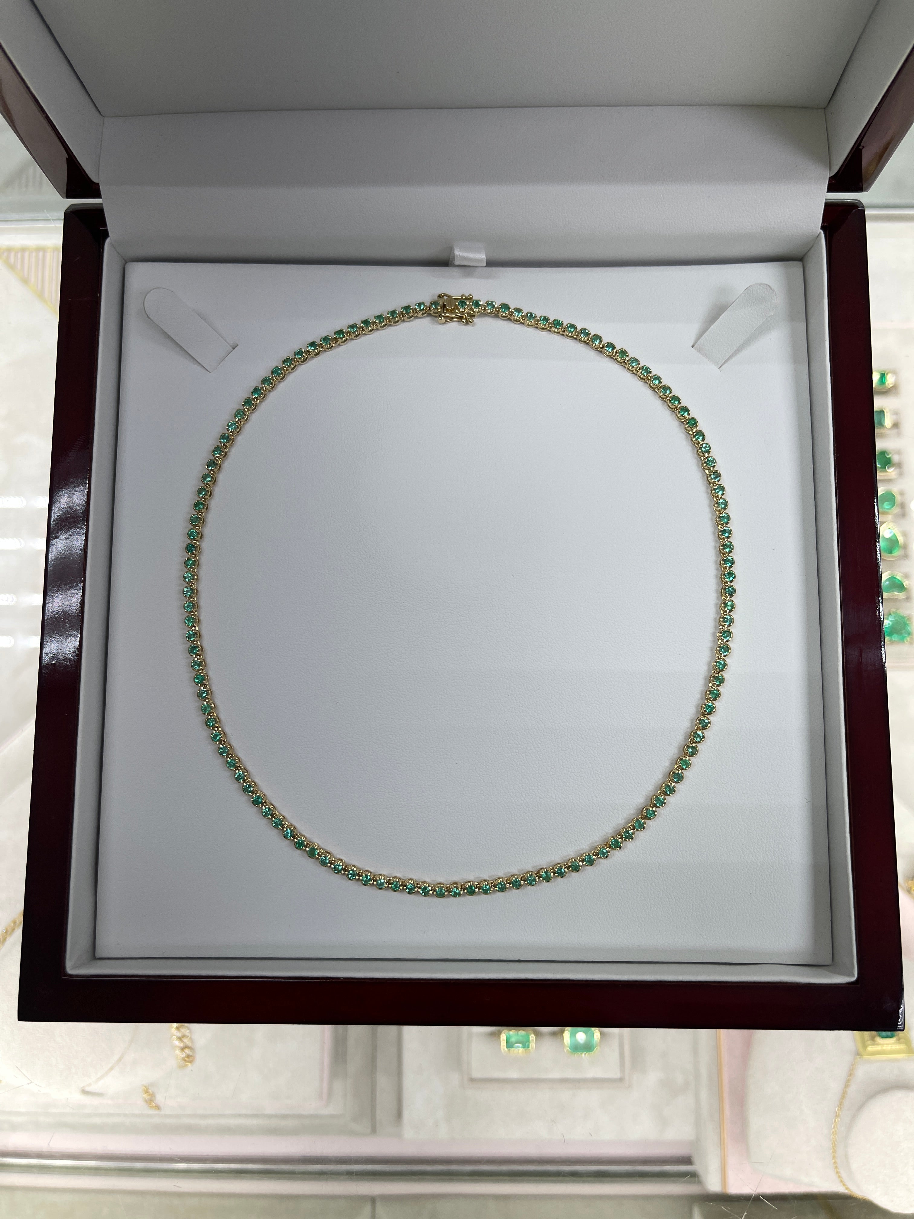 Trendy 14K Gold Green Emerald Round Prong Tennis Necklace - 16 Inch Elegant Jewelry for Women, Perfect for Weddings, Parties & Special Occasions