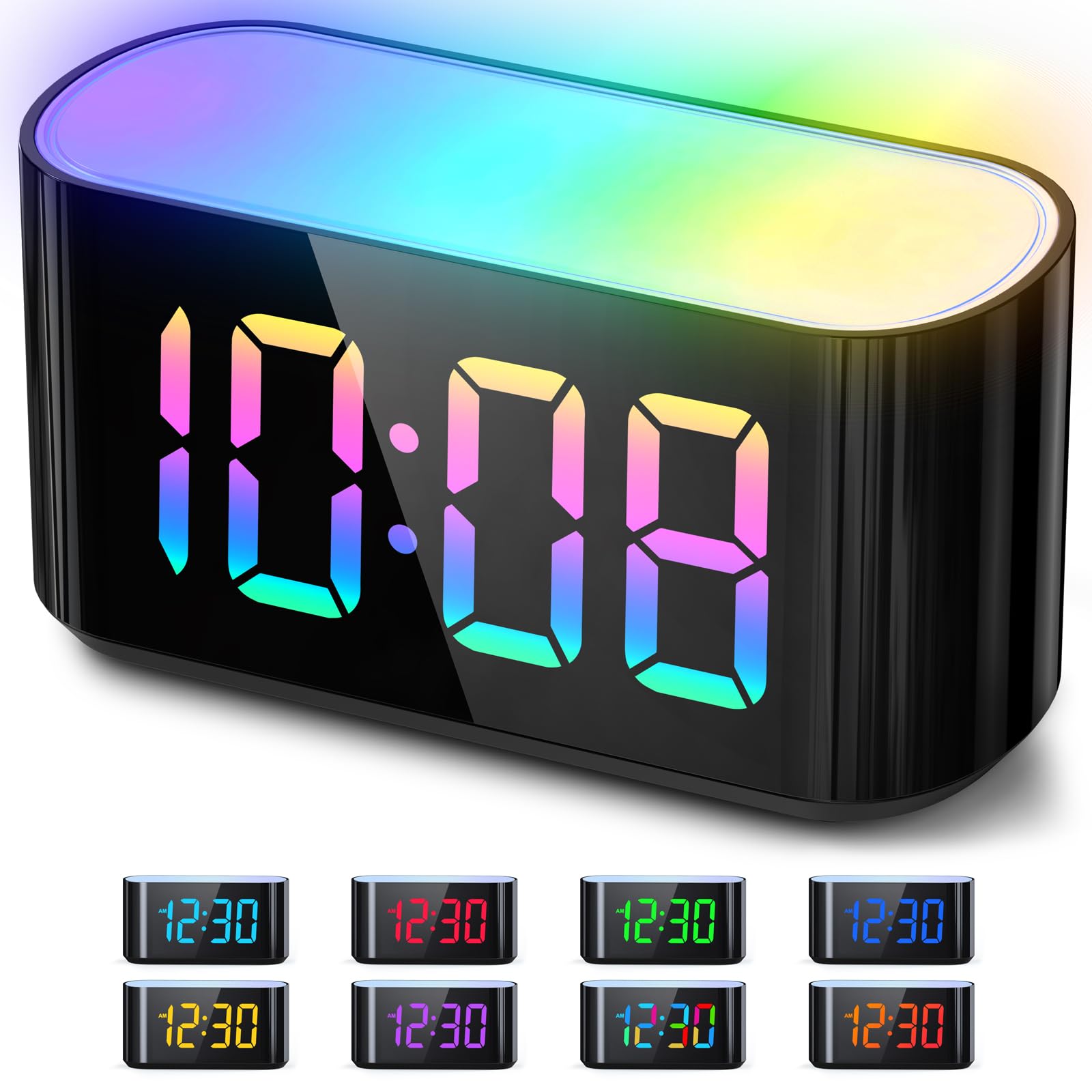 HOUSBAY Digital Alarm Clock with 9-Color Dynamic Night Light & Large LED Display - 10 Color Changing Modes, Adjustable Dimmer for Bedroom, Kids Room, Office, and Nightstand Use