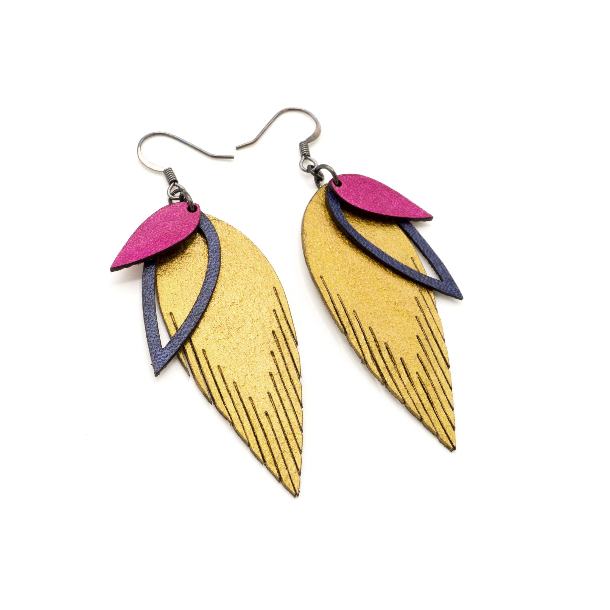 3 Layer Genuine Leather Earrings for Women - Gold, Blue, Fuchsia Handmade Dangle Drop Earrings | Perfect for Parties, Weddings & Everyday Wear