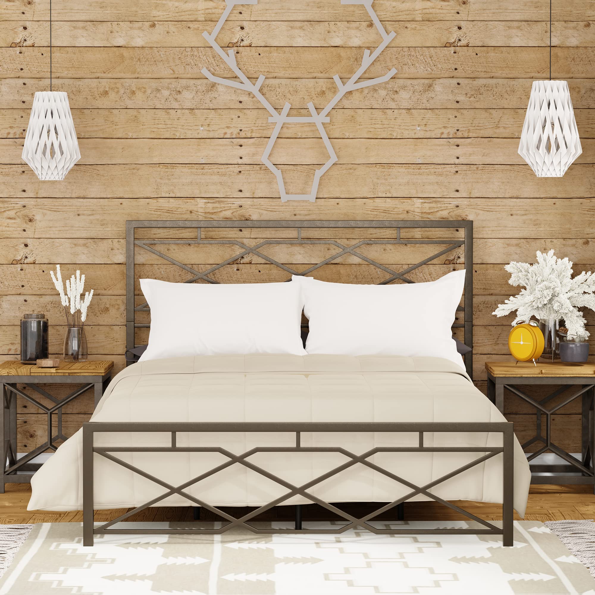 EluxurySupply Metal Snap Bed Frame - Geometric Design Folding Bed Frame with Headboard & Footboard - Easy Assembly Queen Size Steel Bed Base - Perfect for Guest Rooms, Dorms & Small Spaces