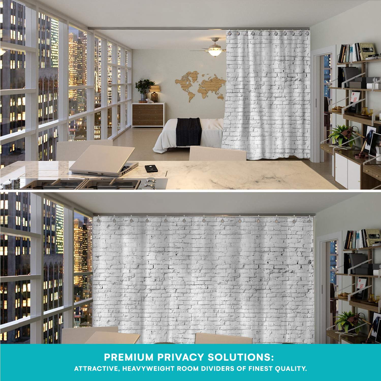 Premium Room Divider Curtain - 8ft Tall x 10ft Wide White Brick Pattern - Privacy Screen for Bedroom, Office, Studio & Dorm Room - Sound Dampening & Space Partition Solution