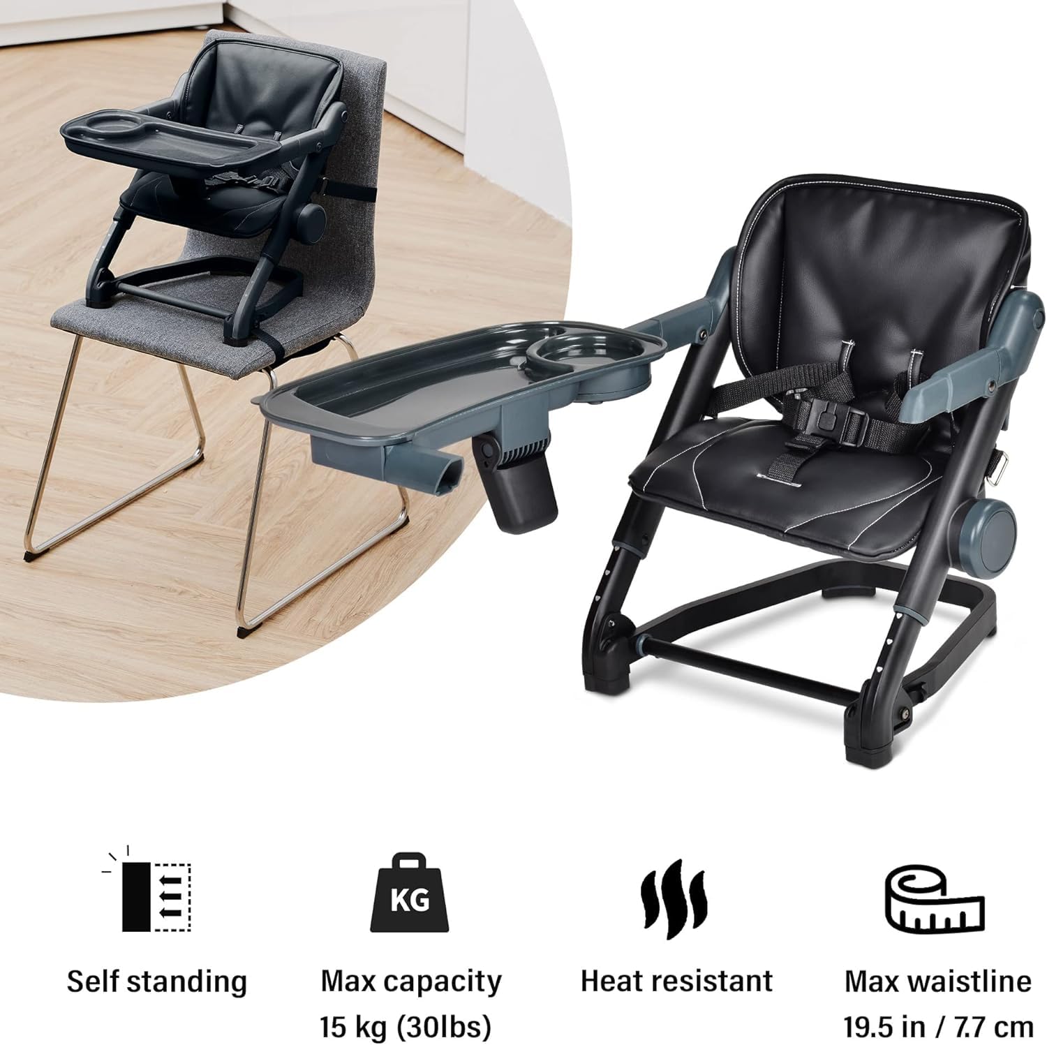 Voltz Toys 3-in-1 Travel Booster Seat for Kids - Adjustable, Foldable & Portable High Chair with Safety Harness - Perfect for Babies, Toddlers & Travel - Use at Home, Restaurants or Road Trips (Black)