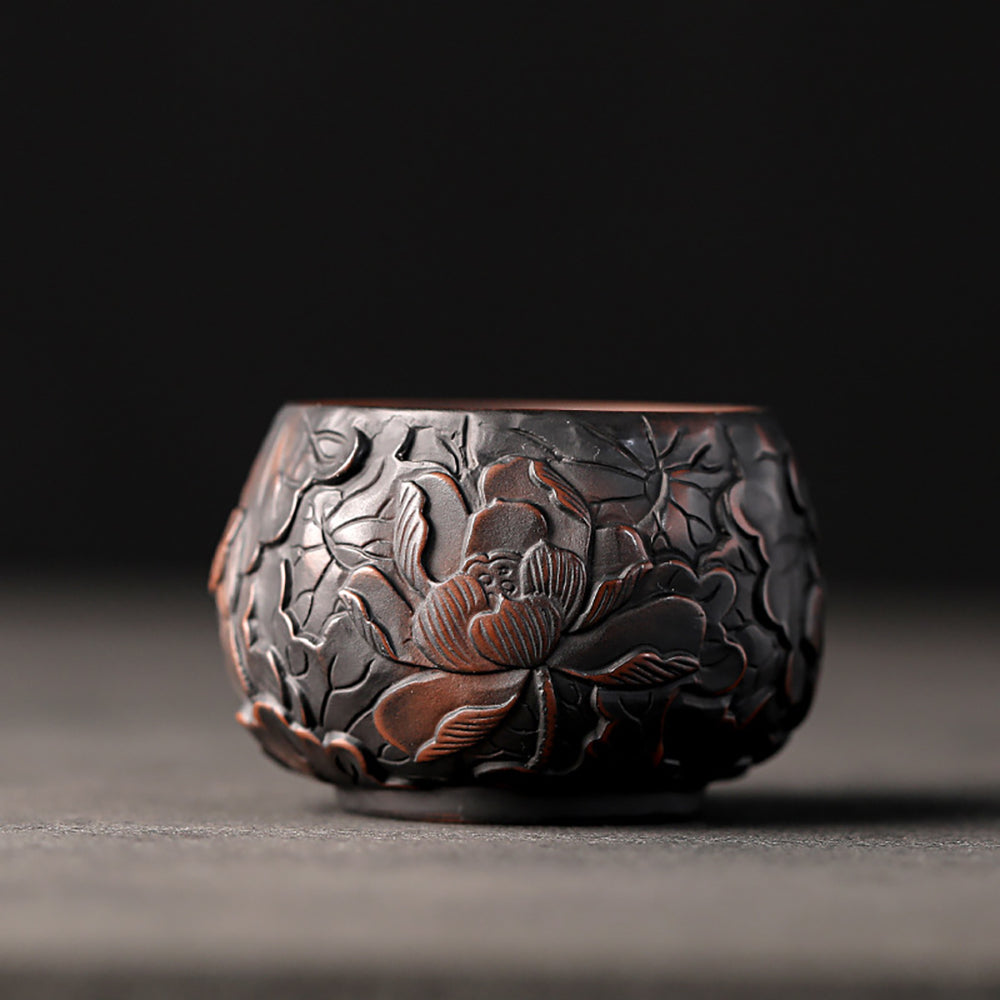 Handmade Black Pottery Relief Lotus Kung Fu Tea Cup - Traditional Chinese Ceramic Tea Set for Gongfu Tea Ceremony, Meditation & Zen Decor