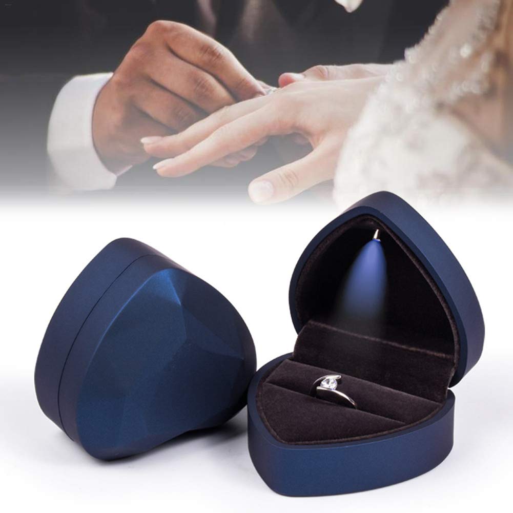 LED Heart Shaped Jewelry Gift Box - Engagement & Wedding Ring Display Case with Lights, Jewelry Storage Box for Rings, Earrings & Coins - Perfect for Proposals, Wedding Gifts & Jewelry Store Displays (Blue)