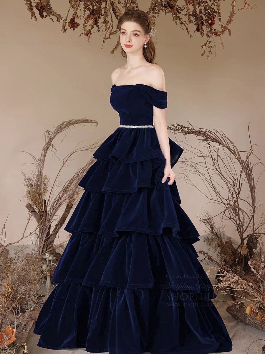 Elegant Off Shoulder A-Line Velvet Prom Dress in Dark Blue - Long Formal Gown for Homecoming, Evening Parties & Special Occasions