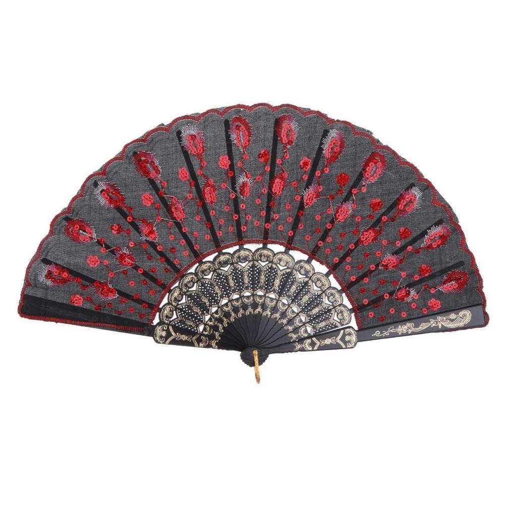 Elegant Handcrafted Peacock Dance Fan for Women - Embroidered Flower Lace Trim with Sequin Fabric, Perfect for Wedding Performances & Dance Shows | Foldable Design for Easy Storage
