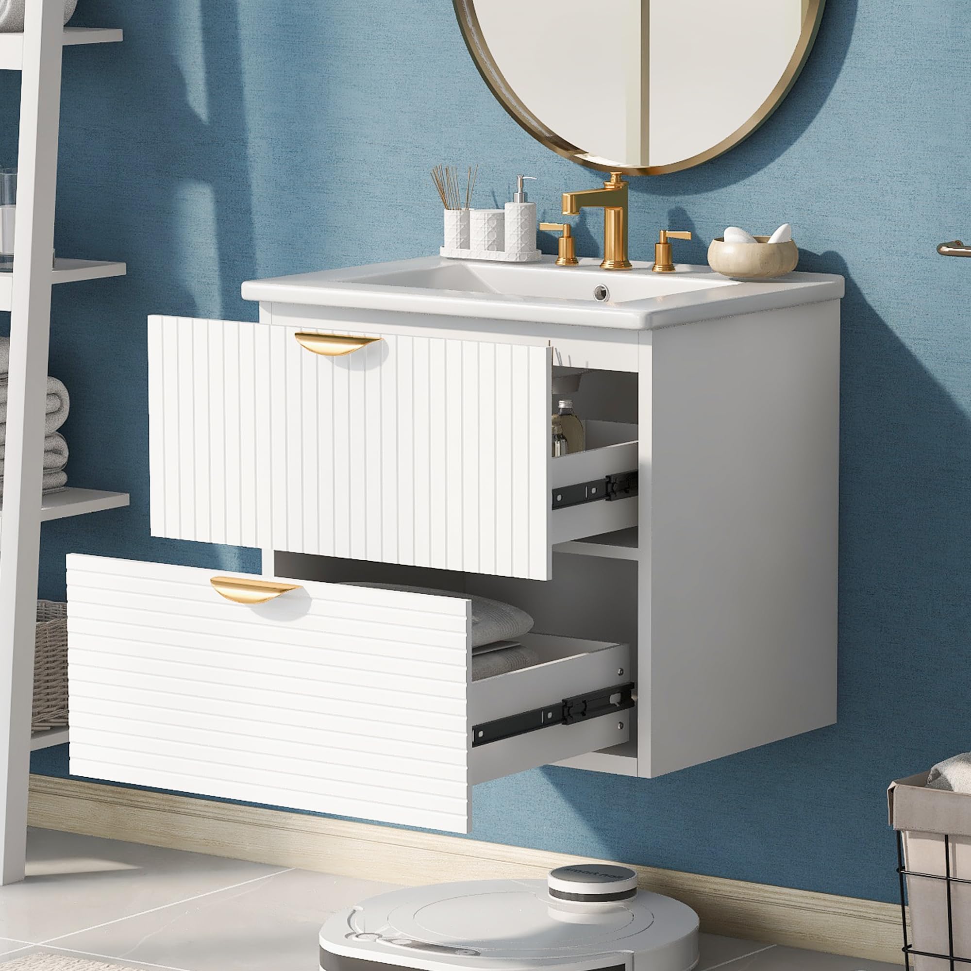 Polibi Modern 24-Inch Floating Wall-Mounted Bathroom Vanity with 2 Drawers & Top Sink - Space-Saving Storage Solution for Small Bathrooms, Powder Rooms & Apartments