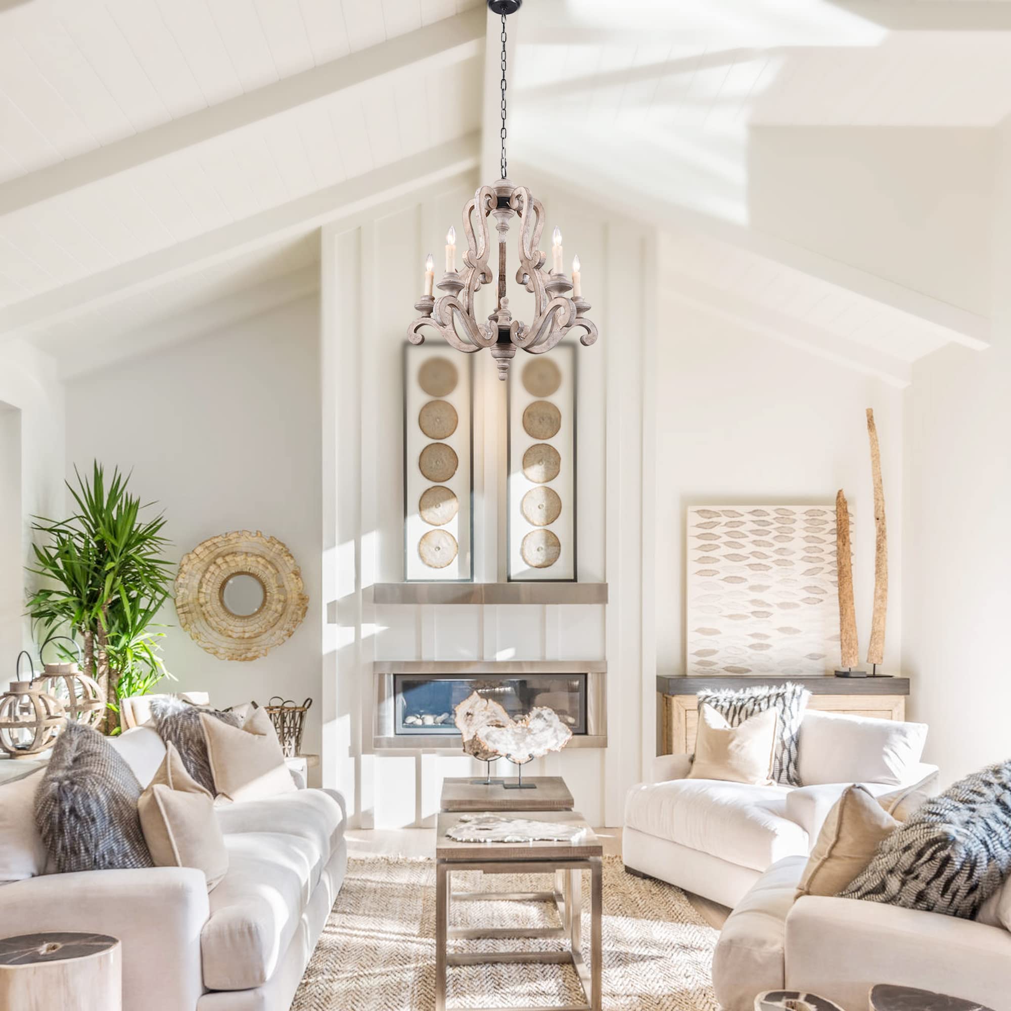 5-Light Farmhouse Chandelier - Rustic Wood Ceiling Light Fixture for Dining Room, Kitchen, Living Room, Bedroom, Entryway & Staircase - Weathered Finish - Perfect for Cozy Home Decor & Farmhouse Style Interiors