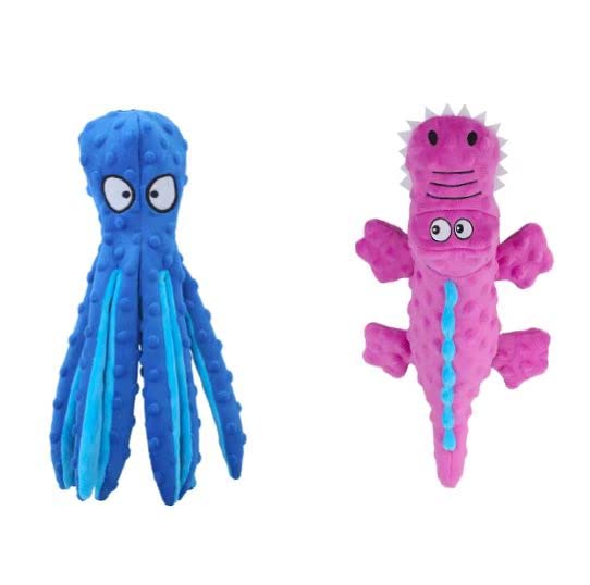 Durable Squeaky Dog Toys - 2 Pack Plush Chew Toys for Puppy Teething (Pink Crocodile & Blue Octopus) | Interactive Training Toys for Small, Medium & Large Dogs | Reduce Boredom & Anxiety | Perfect for Indoor Play, Outdoor Fetch & Crate Training