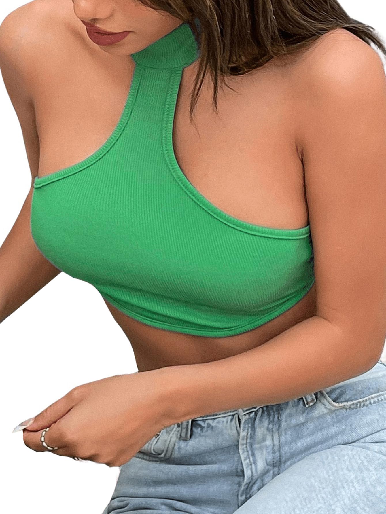 Women's Sleeveless Halter Neck Crop Top - Backless Asymmetric Hem Slim Fit Tank Top for Summer, Beach, Party & Casual Wear