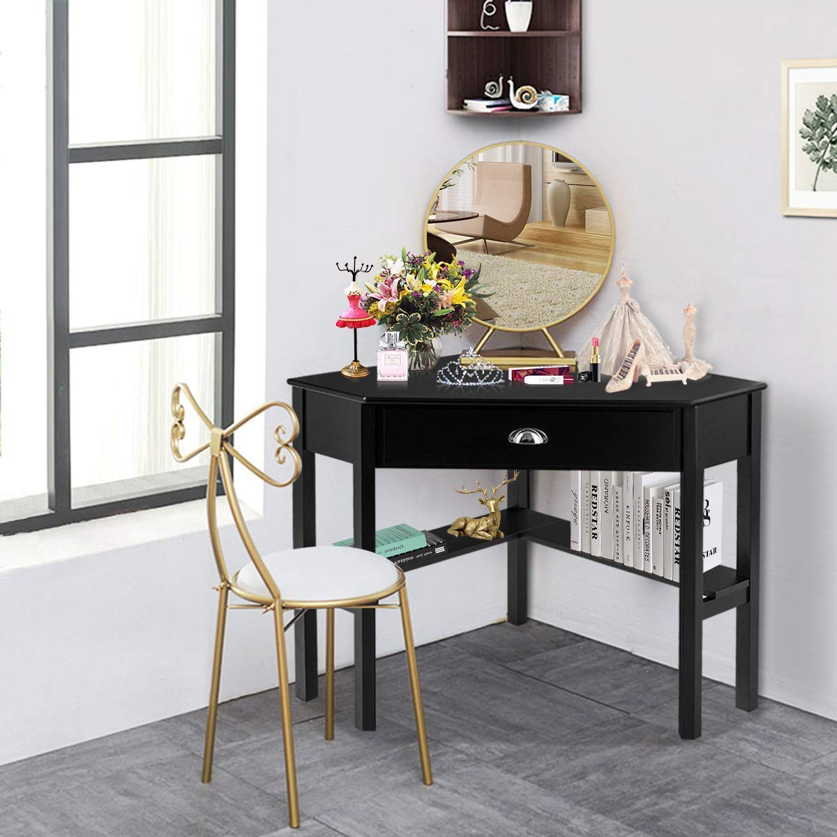 Tangkula Corner Desk with Drawer & Storage Shelves - 90° Triangle Computer Desk for Small Spaces, Home Office & Makeup Vanity | Compact Workspace Solution for Apartments, Dorms & Bedrooms