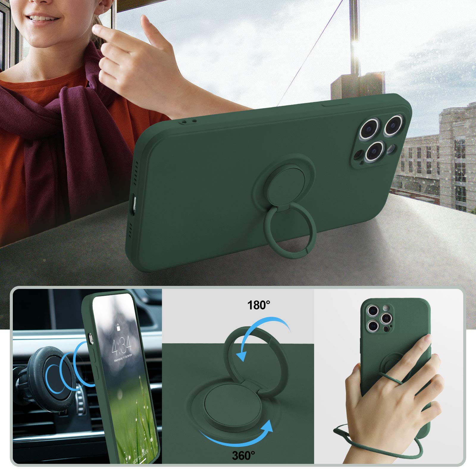 ABITKU iPhone 12 Pro Max Case (6.7-inch 2020) - Premium Silicone Cover with 360° Ring Kickstand & Car Mount Support, Soft Microfiber Lining - Army Green | Perfect for Work, Travel & Daily Protection