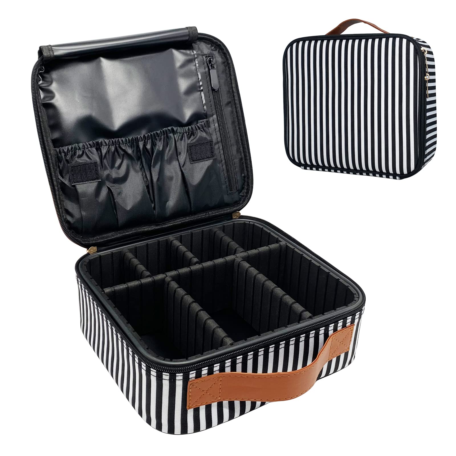 9CH Professional Travel Makeup Train Case - Black & White Striped Cosmetic Organizer with Adjustable Dividers | Portable Makeup Bag for Women | Perfect for Toiletries, Jewelry & Makeup Brushes | Ideal for Travel, Salon & Home Use