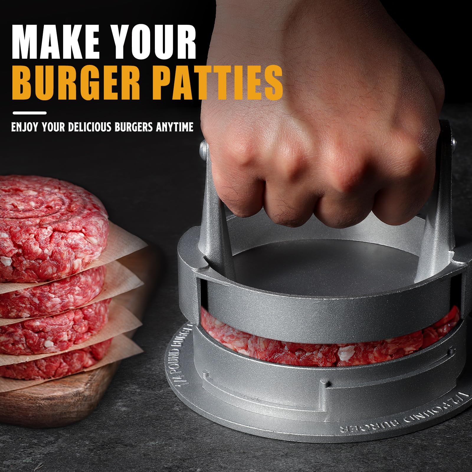 Premium Adjustable Hamburger Press Patty Maker - 3-in-1 Cast Aluminum Burger Shaper Mold for 1/2 lb, 1/3 lb & 1/4 lb Patties - Includes Stuffed Burger Ring & Sausage Slider - Perfect for BBQ, Backyard Grilling & Homemade Burgers - Great Gift for Dad & Mom